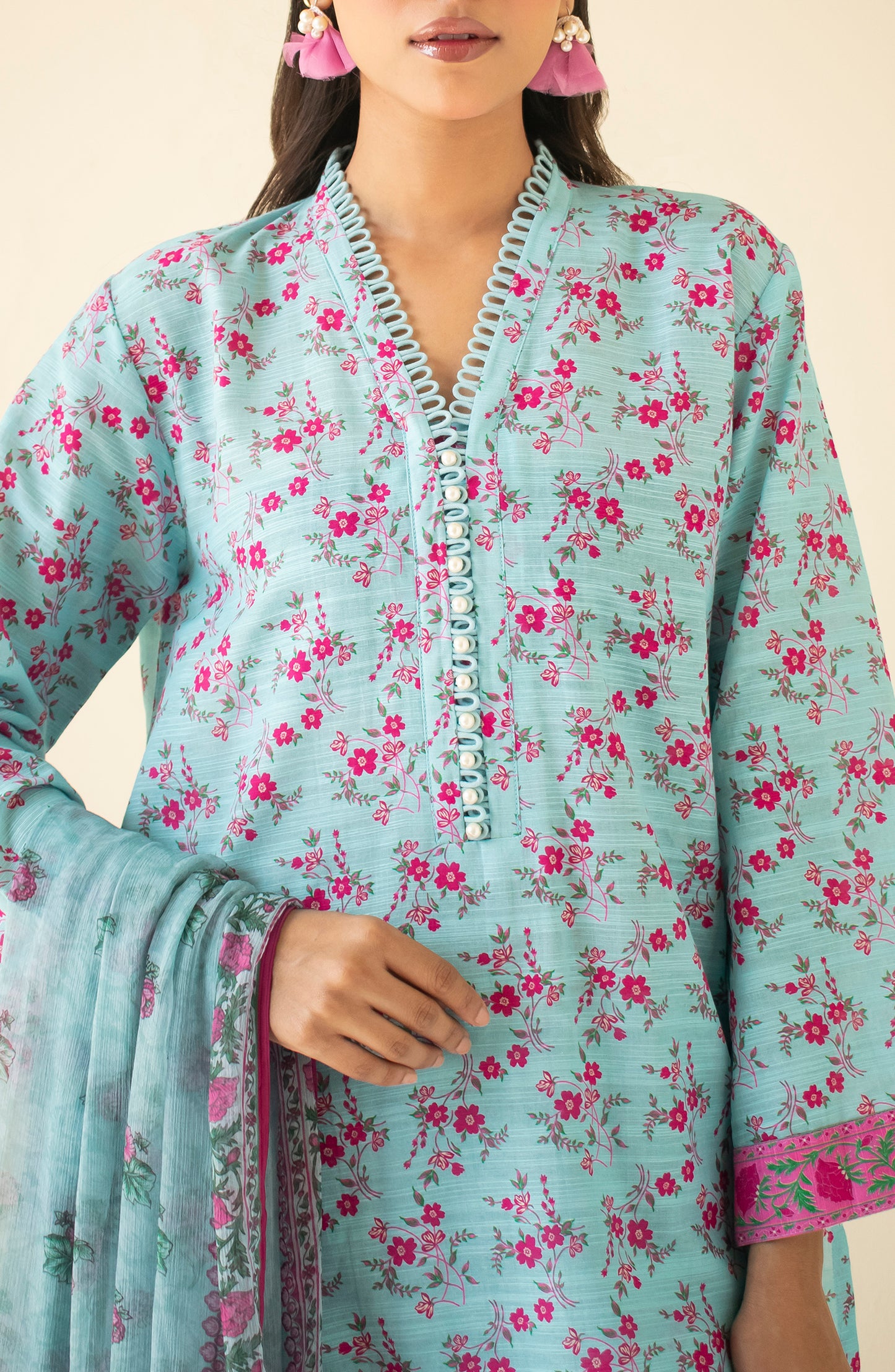 Unstitched 3 Piece Printed Khaddar Shirt , Khaddar Pant and KETONIC Dupatta (OTL-24-109/U SKY BLUE)