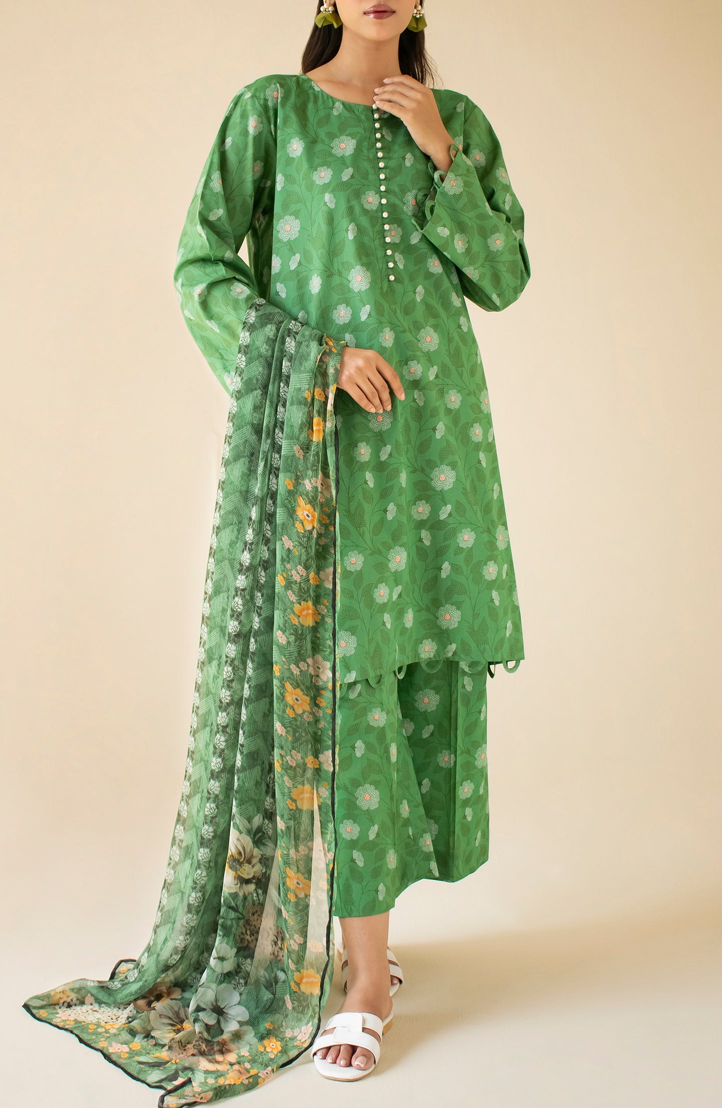 Unstitched 3 Piece Printed Cotton Viscose Shirt , Cotton Viscose Pant and COTTON VISCOSE Dupatta (OTL-24-306/U GREEN)