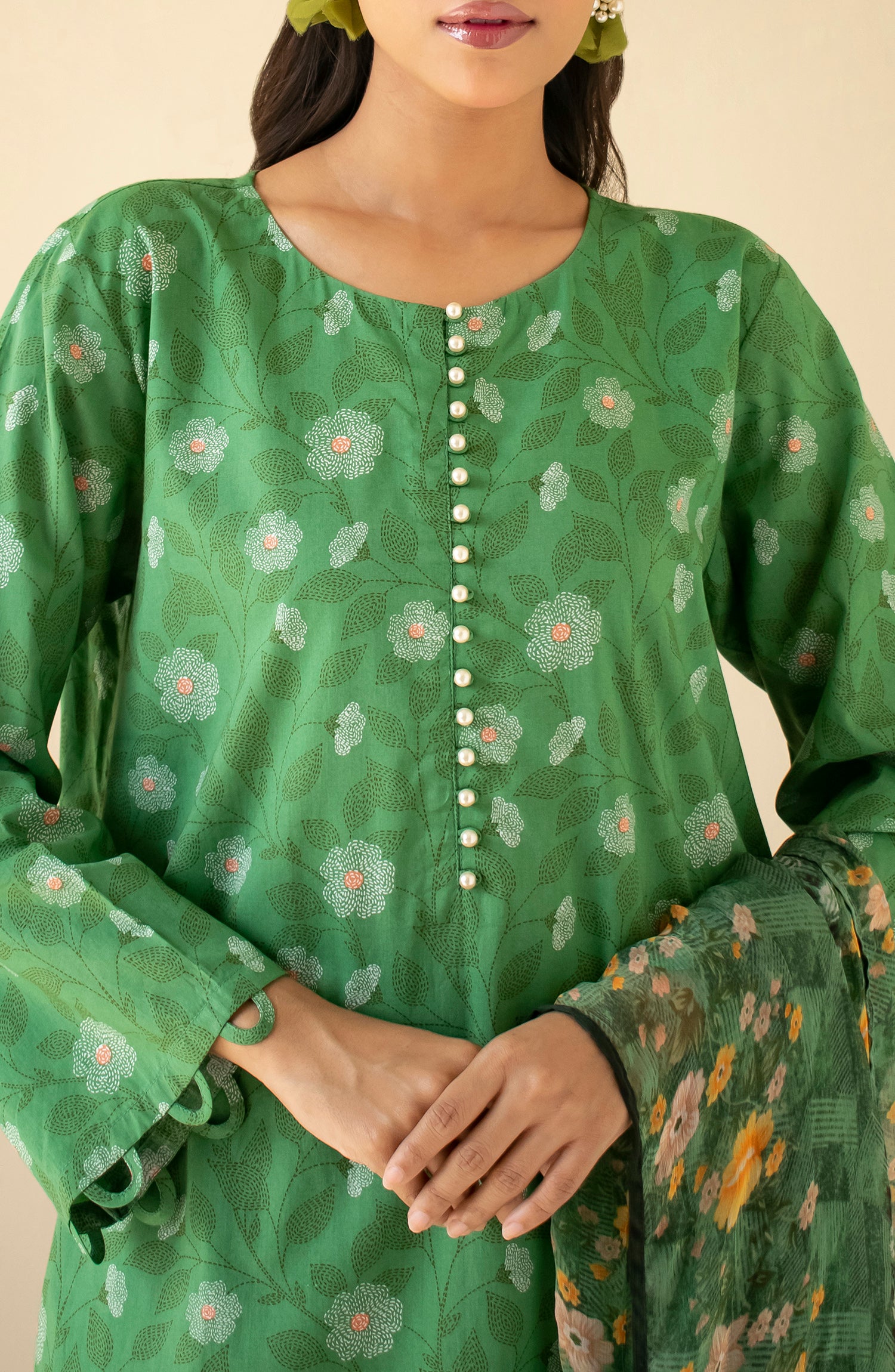 Unstitched 3 Piece Printed Cotton Viscose Shirt , Cotton Viscose Pant and COTTON VISCOSE Dupatta (OTL-24-306/U GREEN)