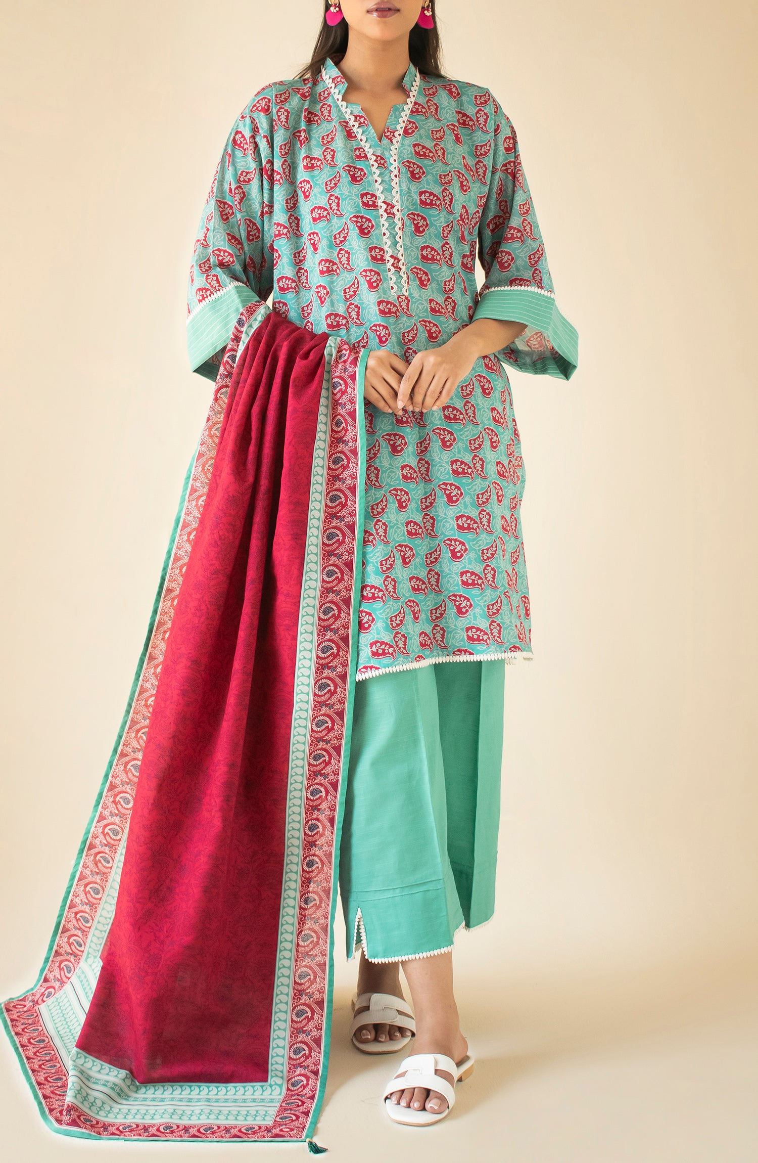 Unstitched 3 Piece Printed Light Khaddar Shirt , Light Khaddar Pant and Light Khaddar Dupatta (OTL-24-319/U SEA GREEN)