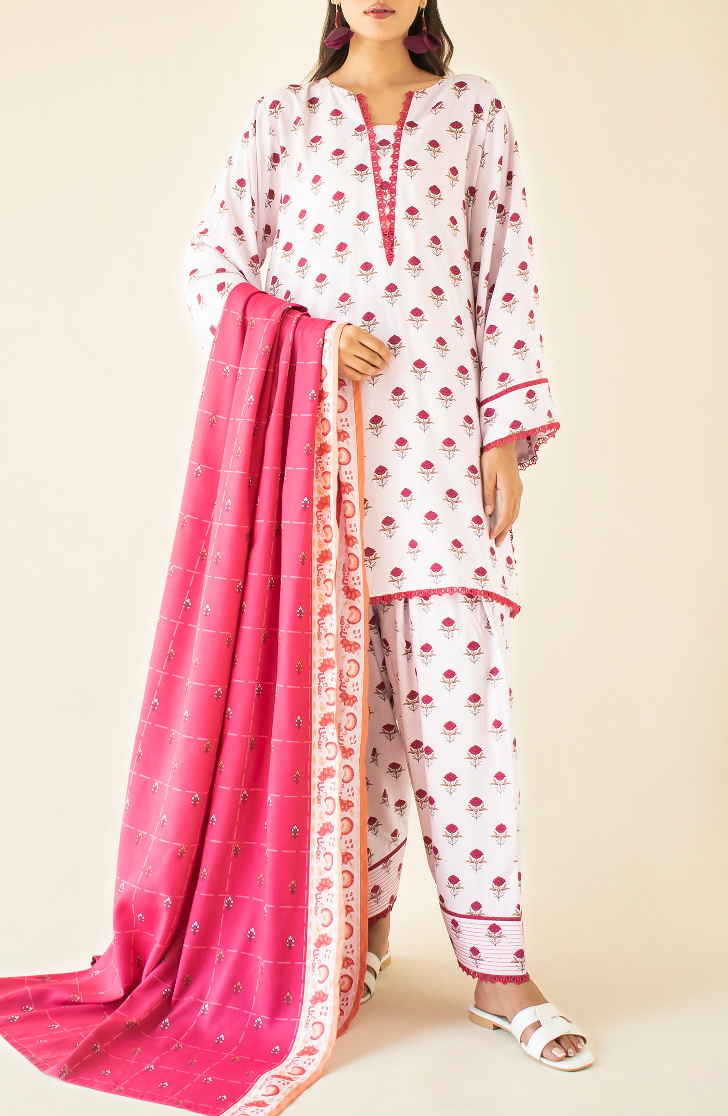 Unstitched 3 Piece Printed Linen Shirt , Linen Pant and Linen Dupatta (OTL-24-455/U LIGHT PINK)