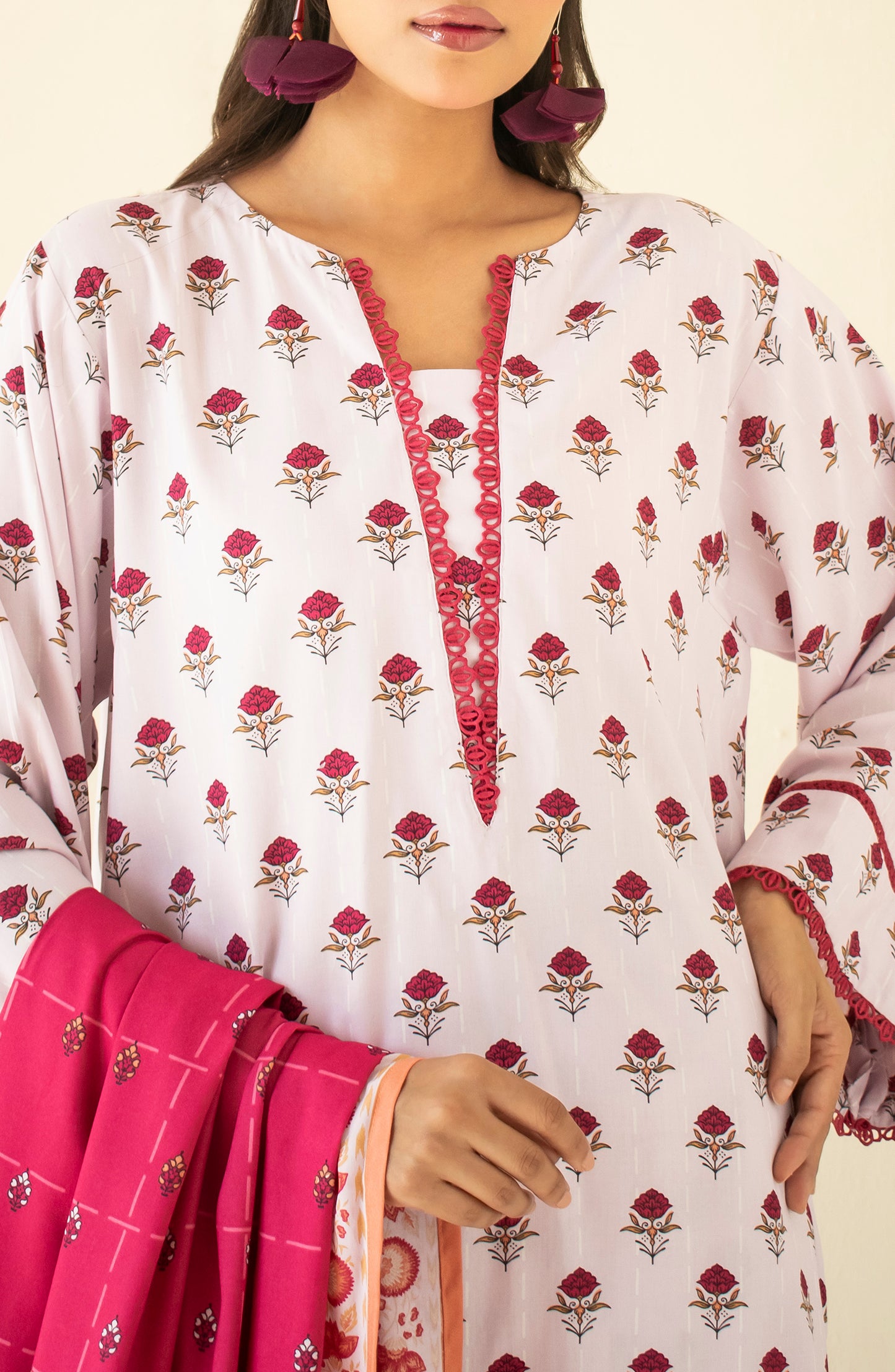 Unstitched 3 Piece Printed Linen Shirt , Linen Pant and Linen Dupatta (OTL-24-455/U LIGHT PINK)