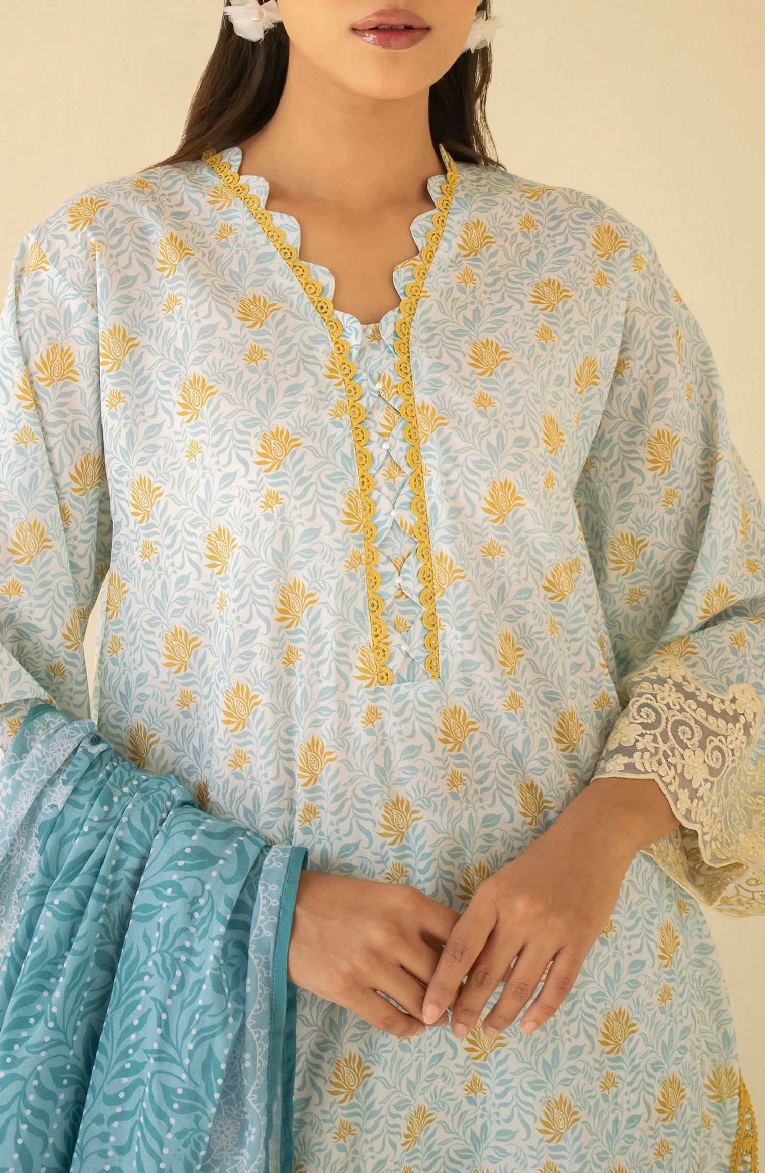 Unstitched 3 Piece Embroidered Cambric Shirt , Cambric Pant and Cambric Dupatta (OTL-24-437/U BEIGE)