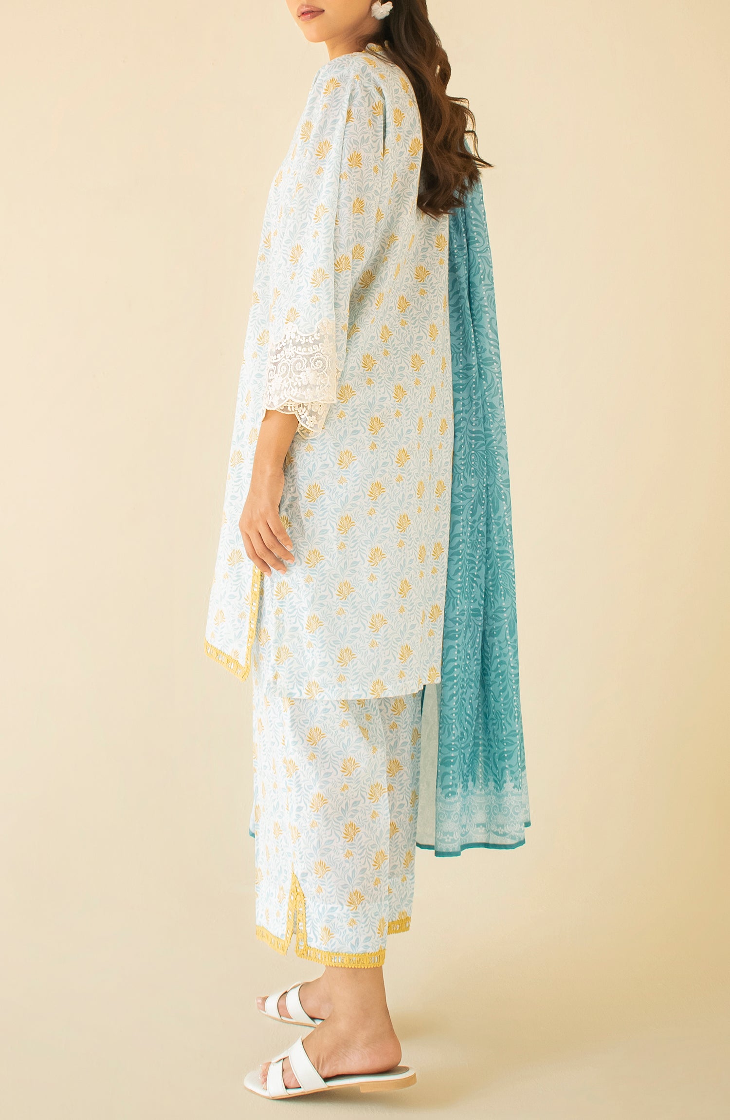 Unstitched 3 Piece Embroidered Cambric Shirt , Cambric Pant and Cambric Dupatta (OTL-24-437/U BEIGE)