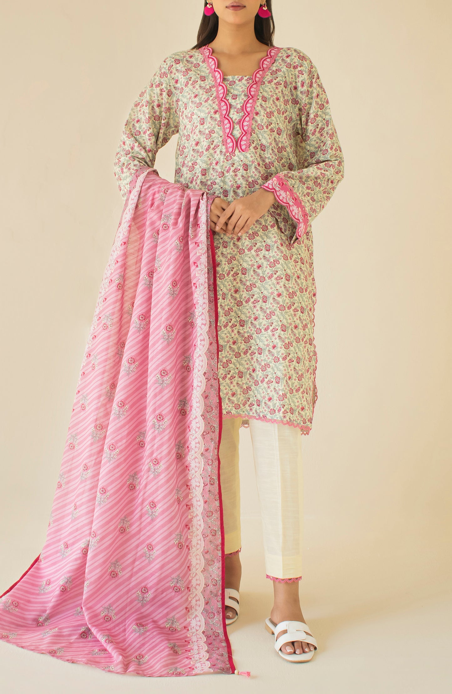 Unstitched 3 Piece Printed Light Khaddar Shirt , Cambric Pant and Light Khaddar Dupatta (OTL-24-299/U BEIGE)