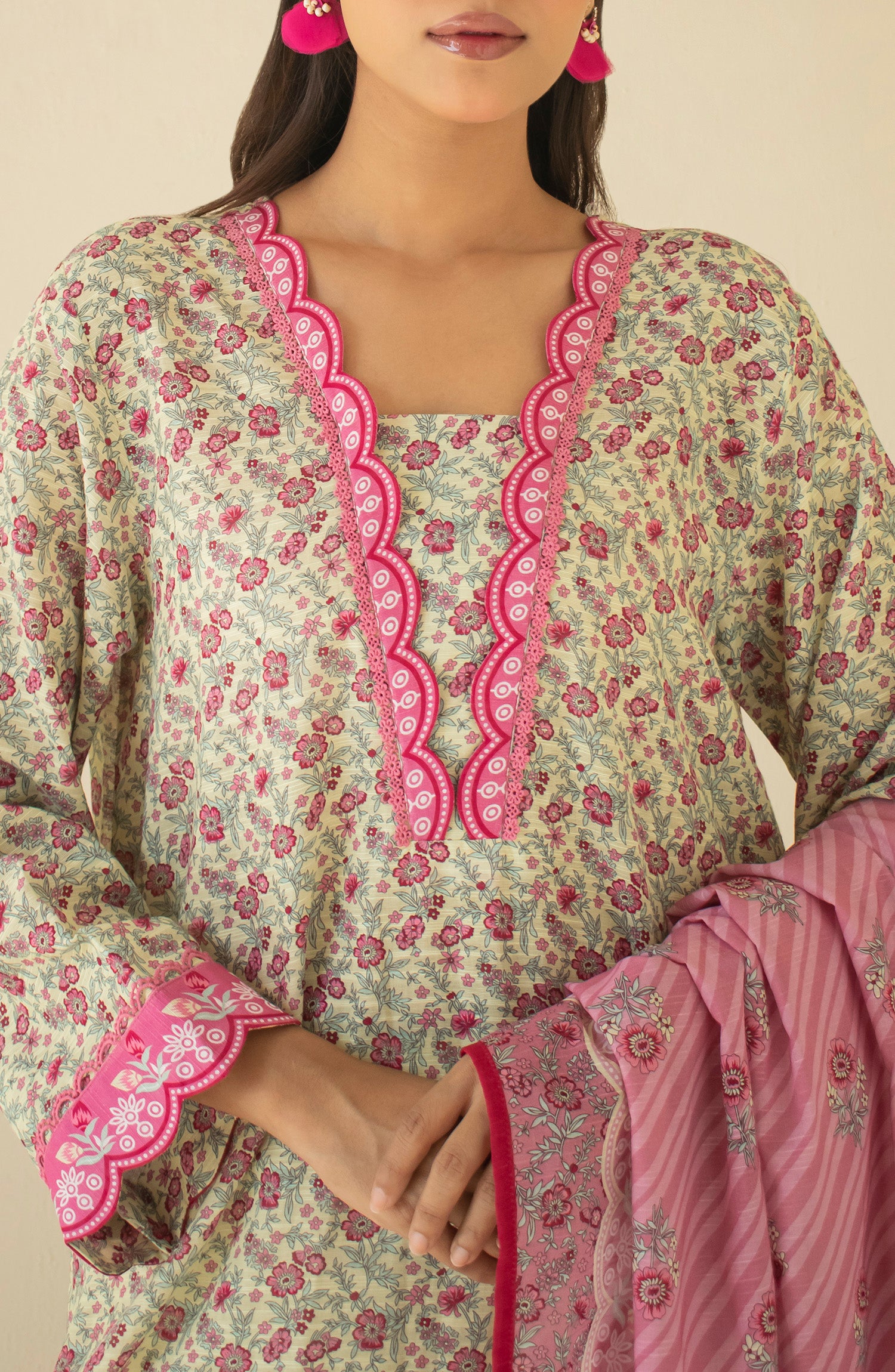 Unstitched 3 Piece Printed Light Khaddar Shirt , Cambric Pant and Light Khaddar Dupatta (OTL-24-299/U BEIGE)