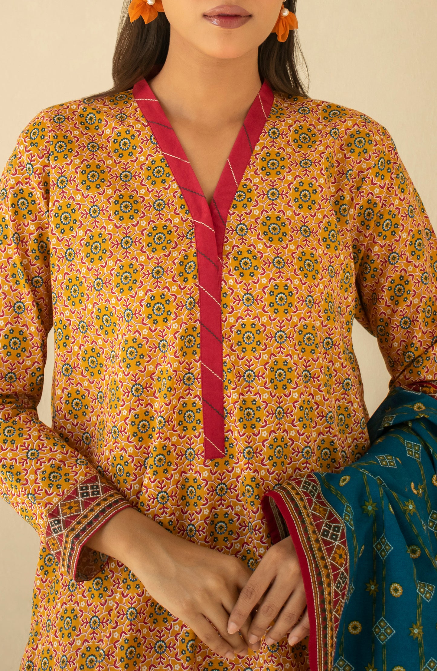 Unstitched 3 Piece Printed Khaddar Shirt , Khaddar Pant and Khaddar Dupatta (OTL-24-384/U OCHRE)