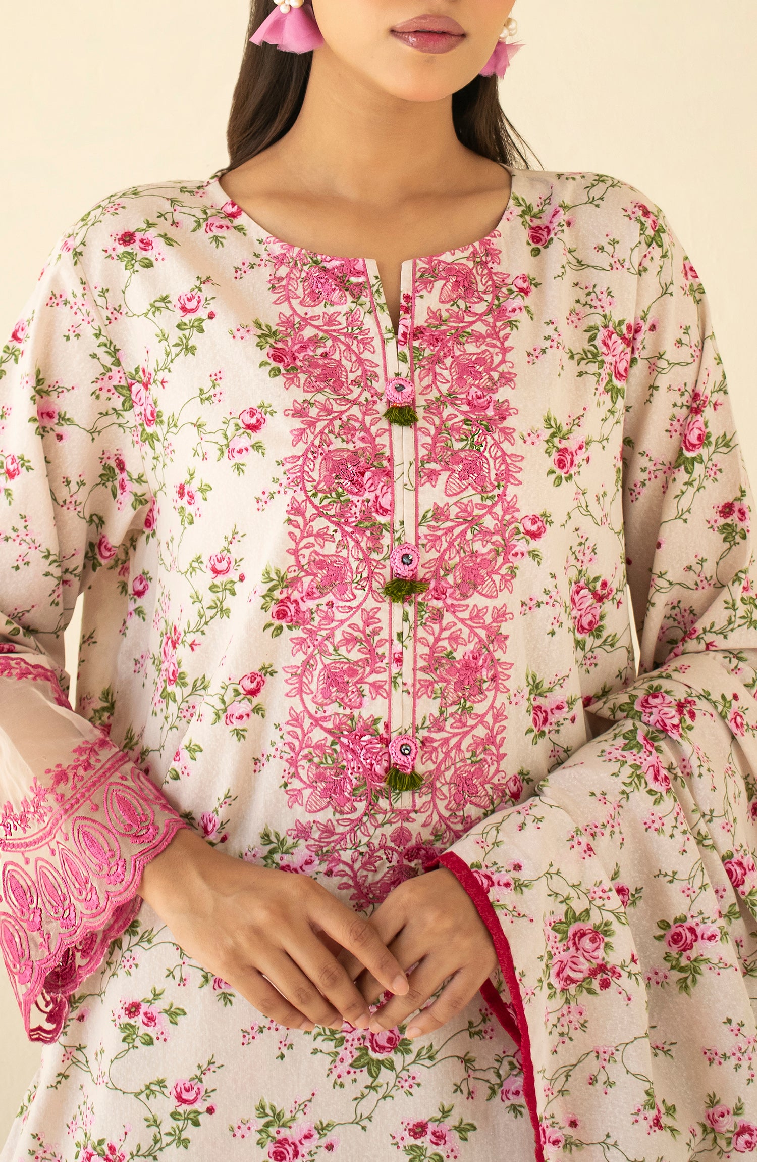 Unstitched 3 Piece Printed Embroidered Karandi Shirt , Karandi Pant and Karandi Dupatta (OTL-24-478/U BEIGE)