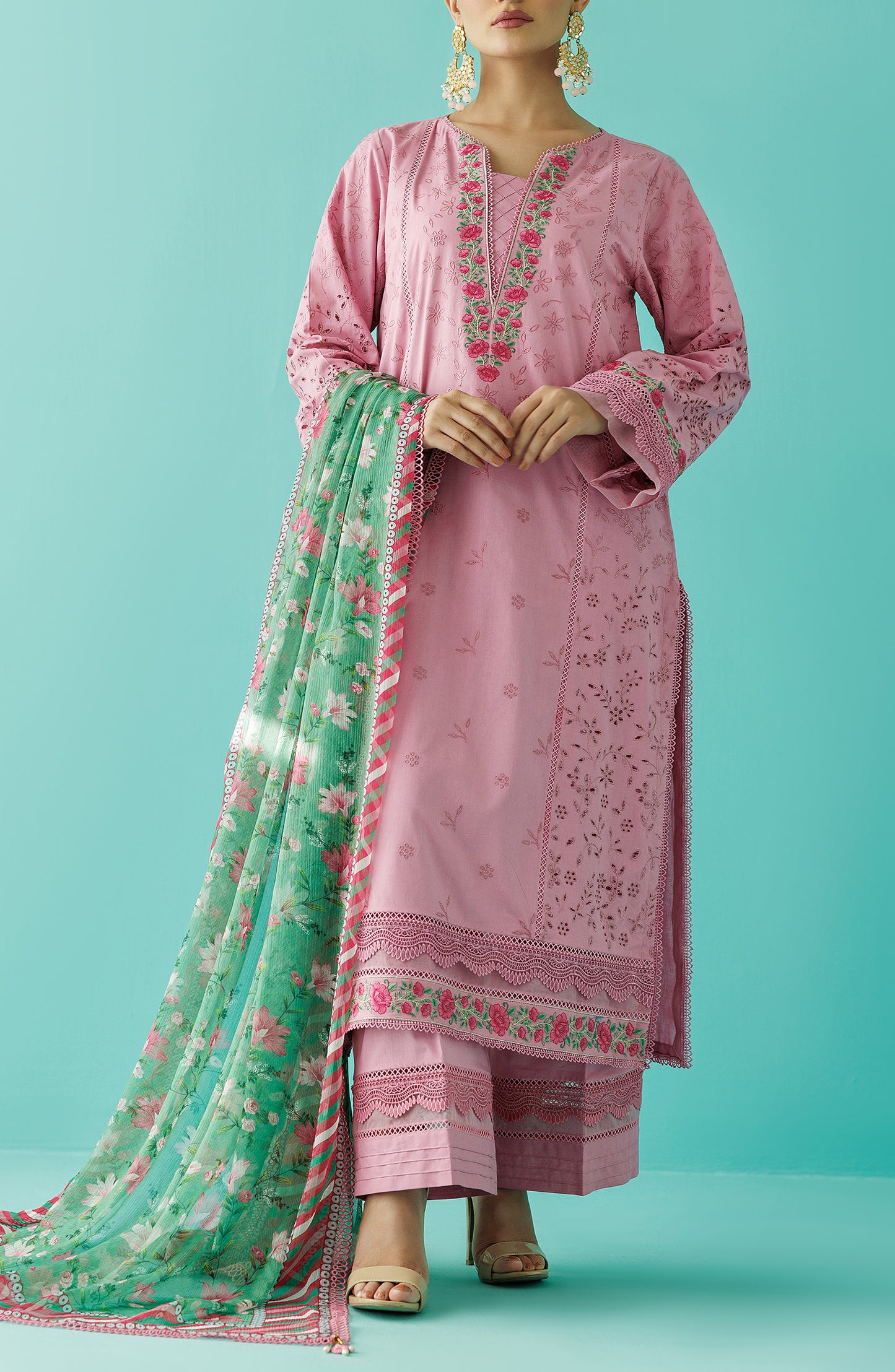 Unstitched 3 Piece Embroidered Lawn Shirt , Cambric Pant and Chiffon Dupatta (OTL-24-031/U PINK)