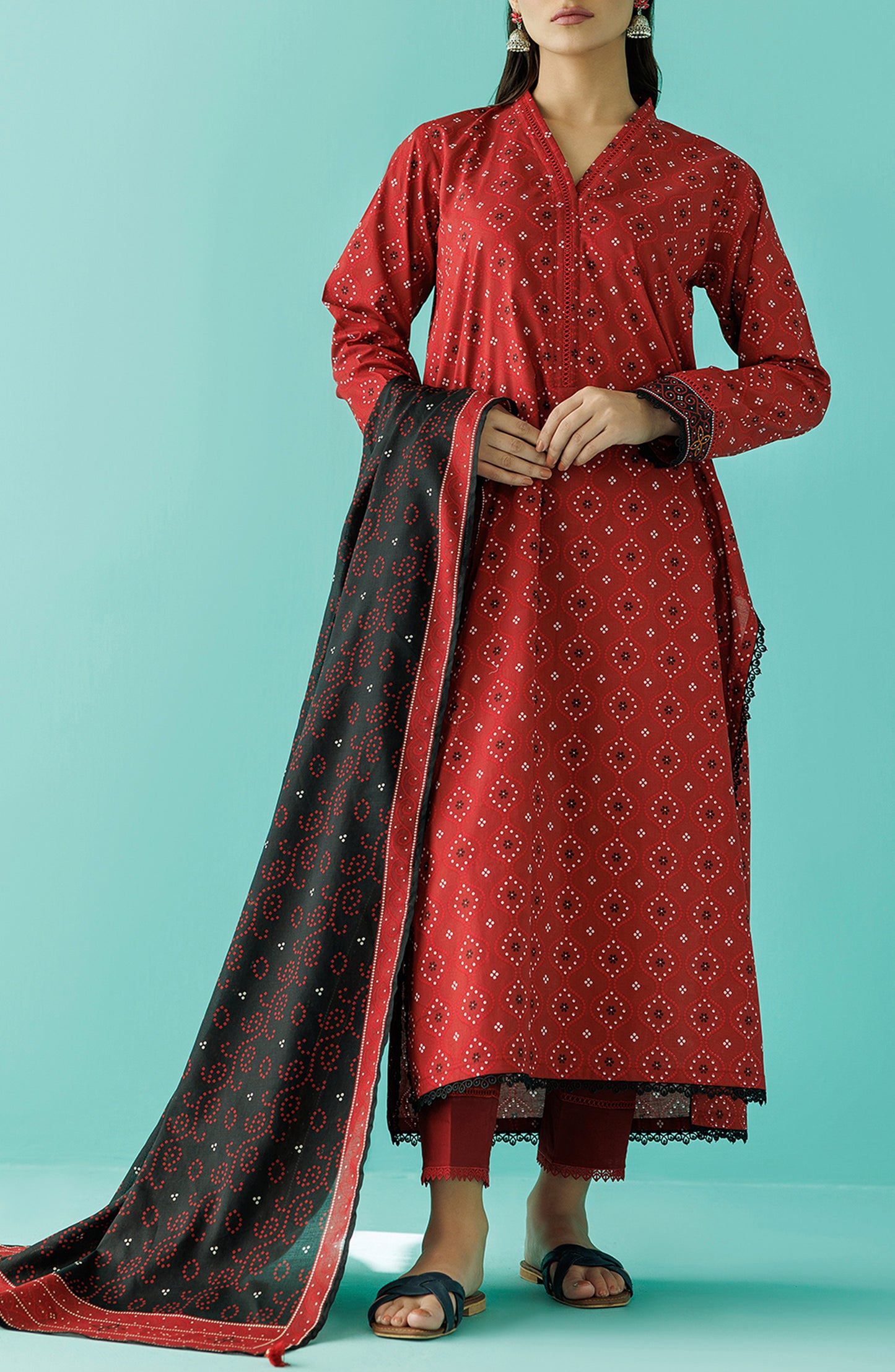 OTL-24-058/U RED LAWN Women UNSTITCHED SHIRT DUPATTA PANTS