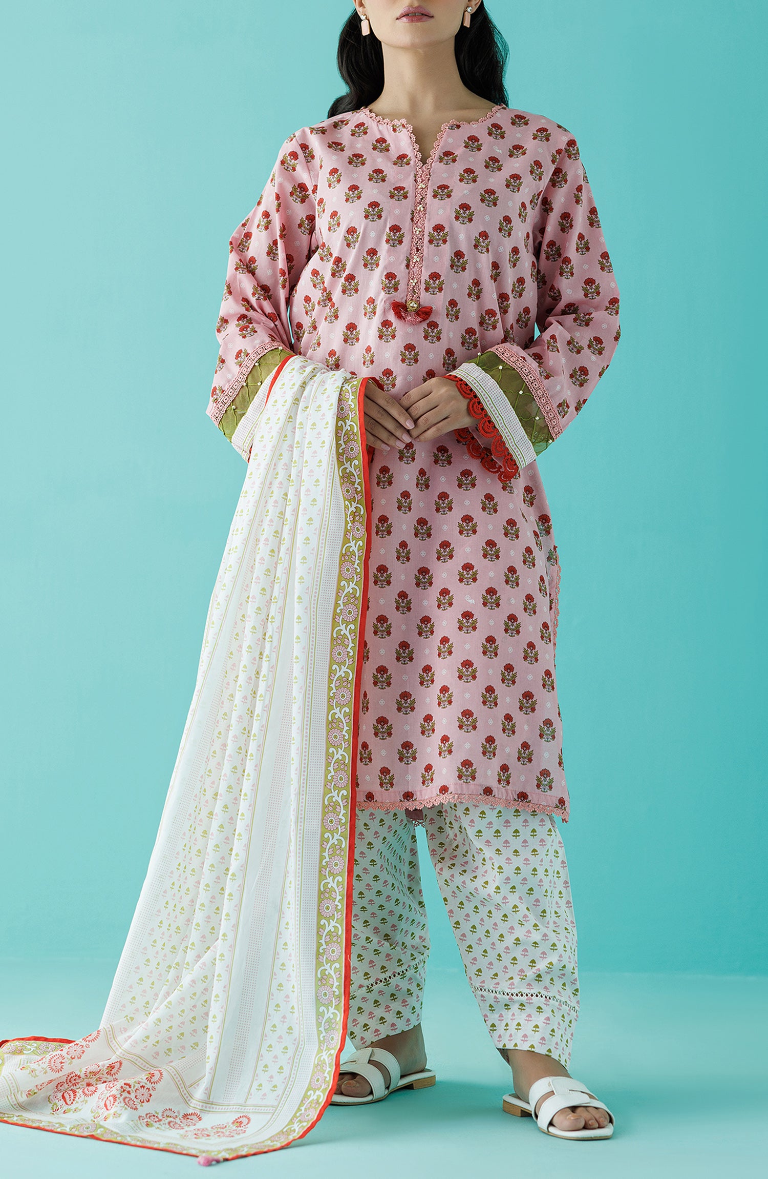 Stitched 3 Piece Premium Solid Casual Lawn Shirt , Cambric Pant and Lawn Dupatta (OTL-24-197/S PINK)