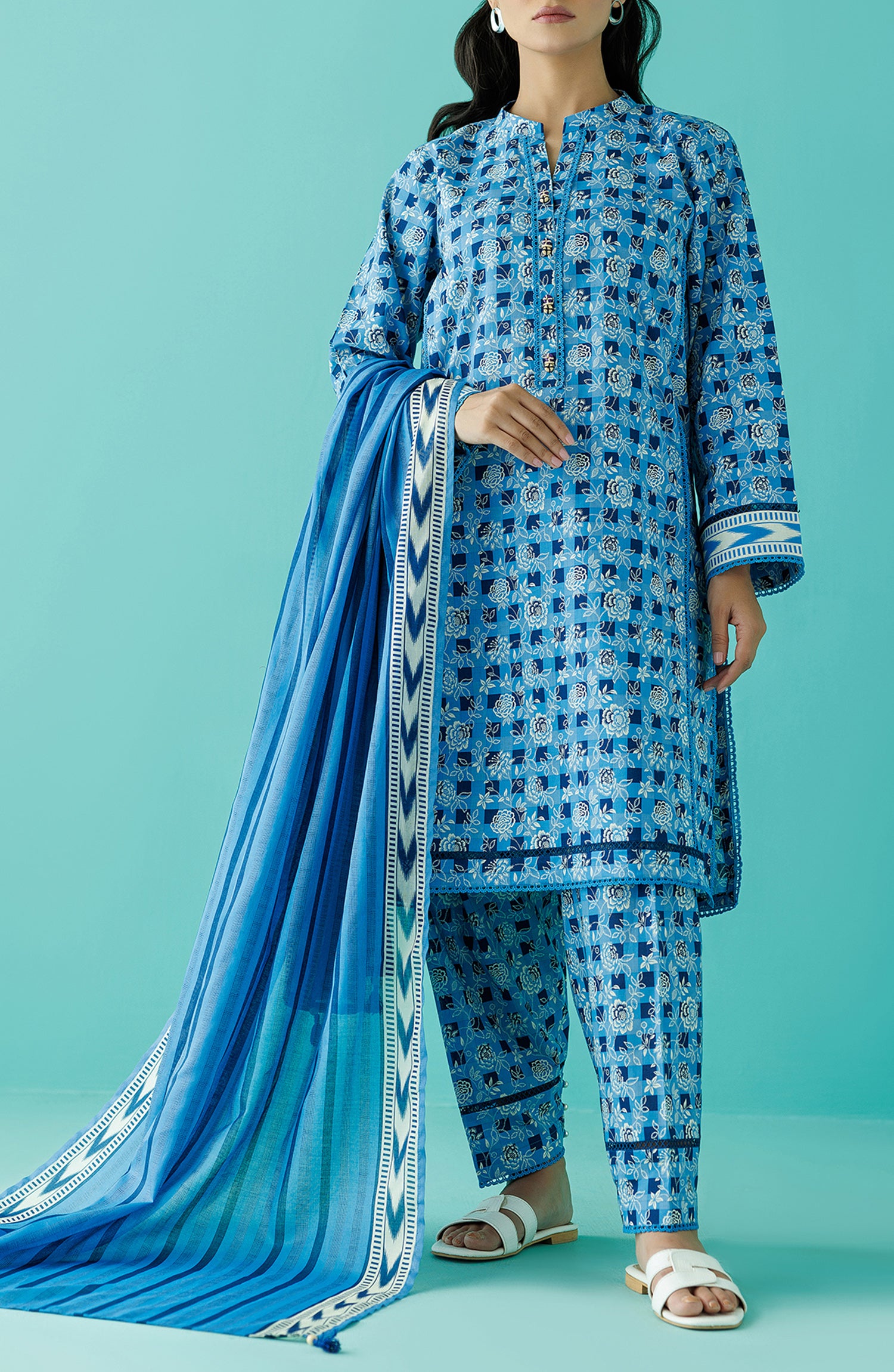 Stitched 3 Piece Printed Lawn Shirt , Cambric Pant and Lawn Dupatta (OTL-24-220/S ICE BLUE)