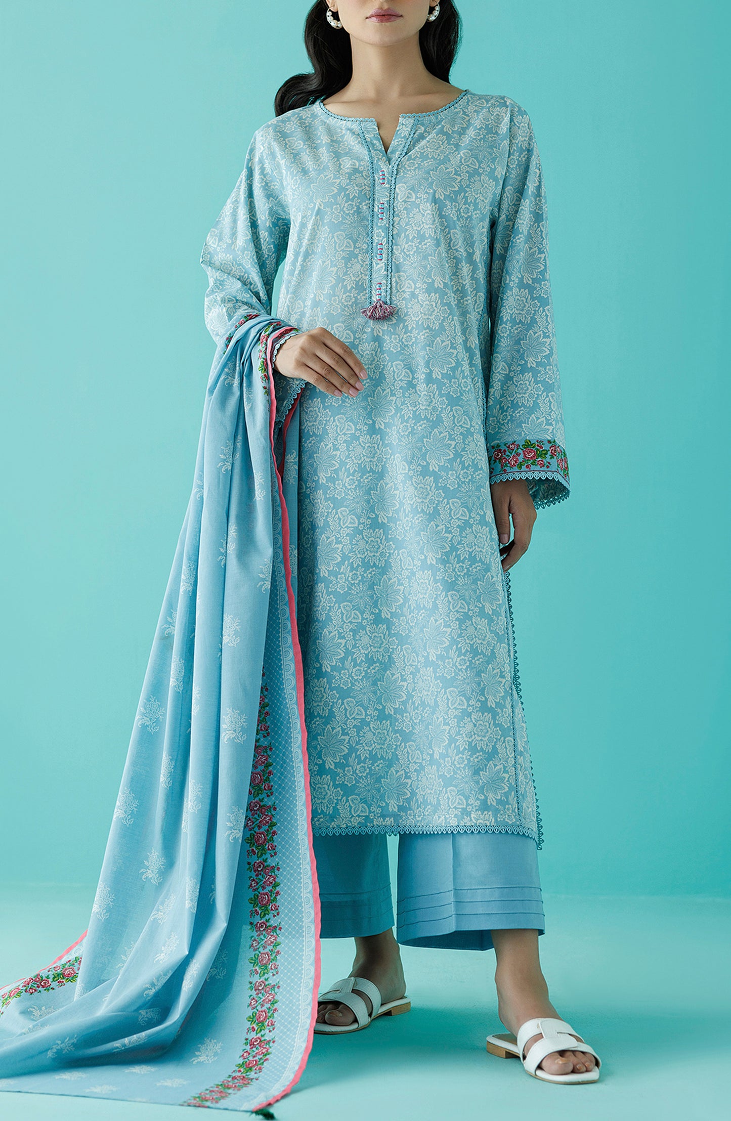 Stitched 3 Piece Printed Lawn Shirt , Cambric Pant and Lawn Dupatta (OTL-24-182/S ICE BLUE)