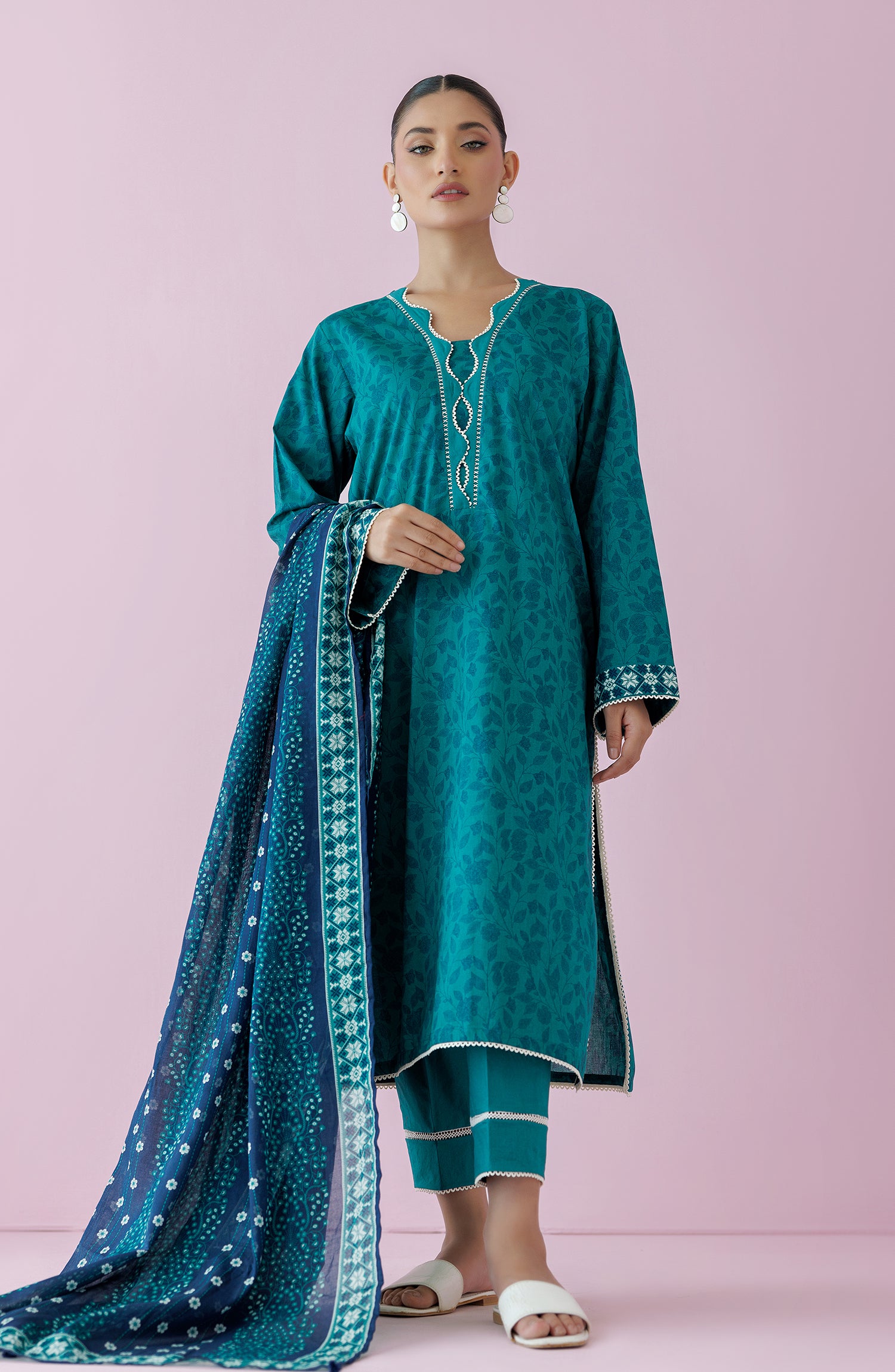 Unstitched 3 Piece Printed Lawn Shirt , Cambric Pant and Lawn Dupatta (OTL-24-314/U TEAL)