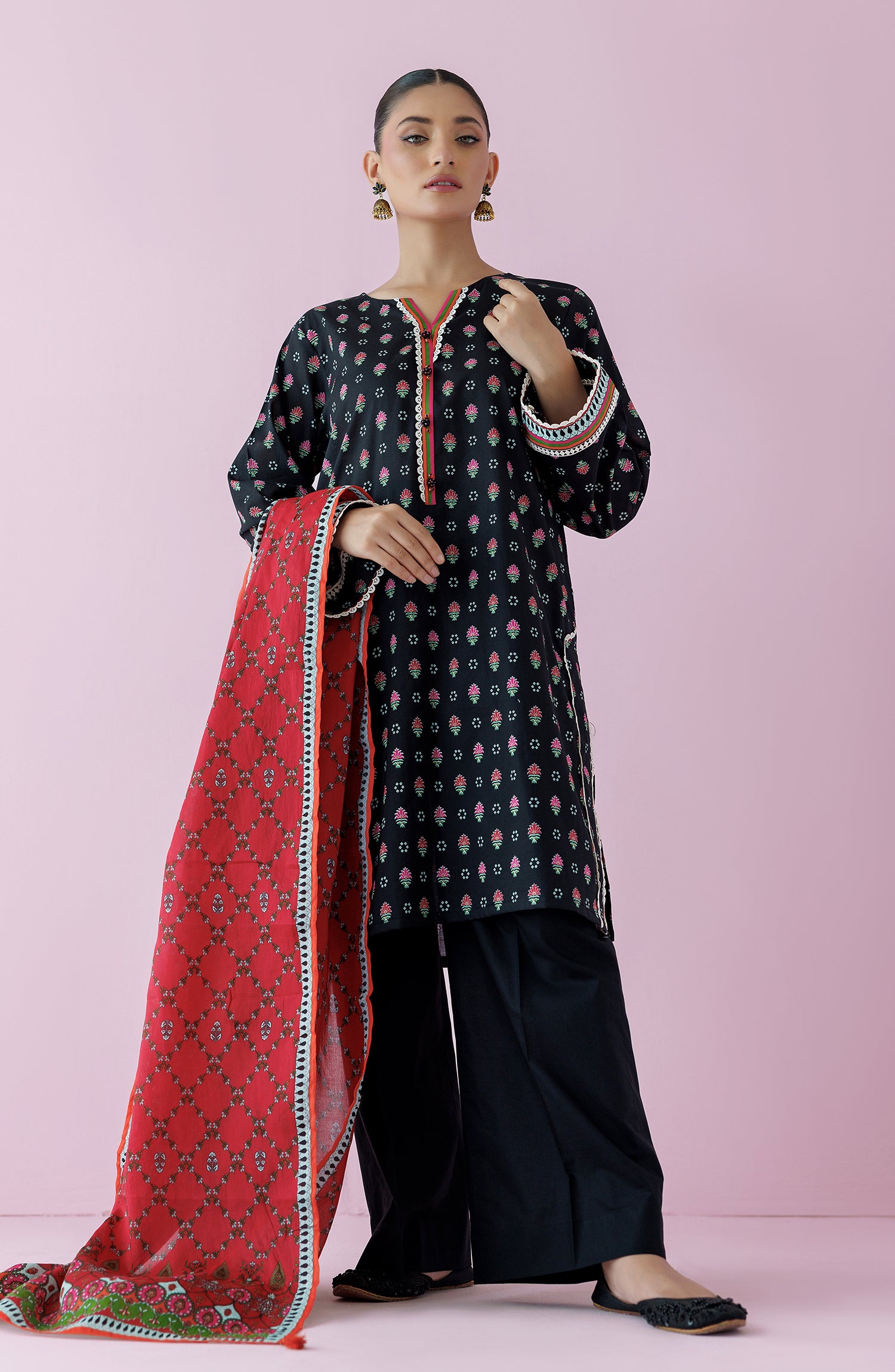 Unstitched 3 Piece Printed Lawn Shirt , Cambric Pant and Lawn Dupatta (OTL-24-155/U BLACK)