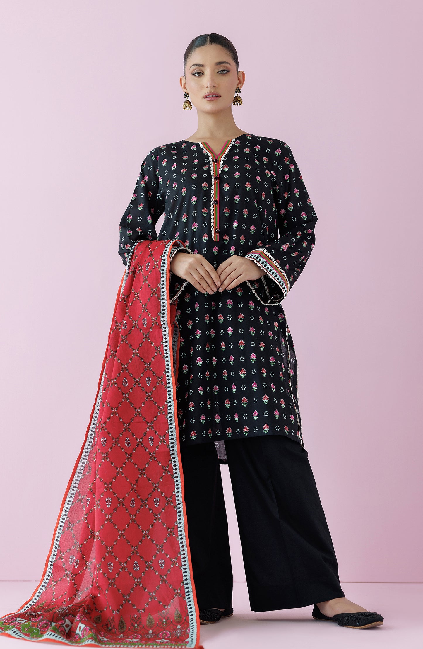 Unstitched 3 Piece Printed Lawn Shirt , Cambric Pant and Lawn Dupatta (OTL-24-155/U BLACK)