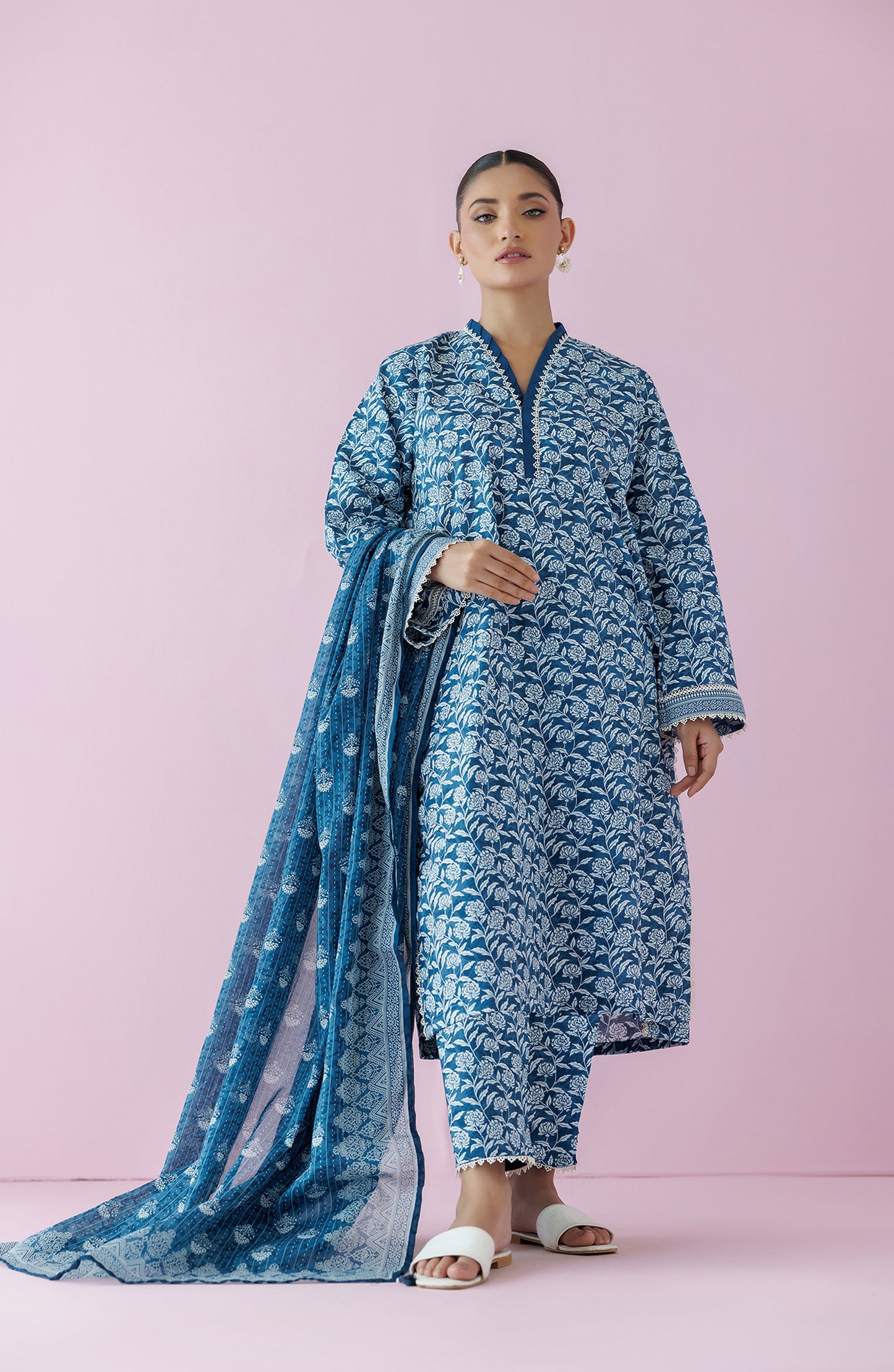 Unstitched 3 Piece Printed Lawn Shirt , Cambric Pant and Lawn Dupatta (OTL-24-313/U TEAL)