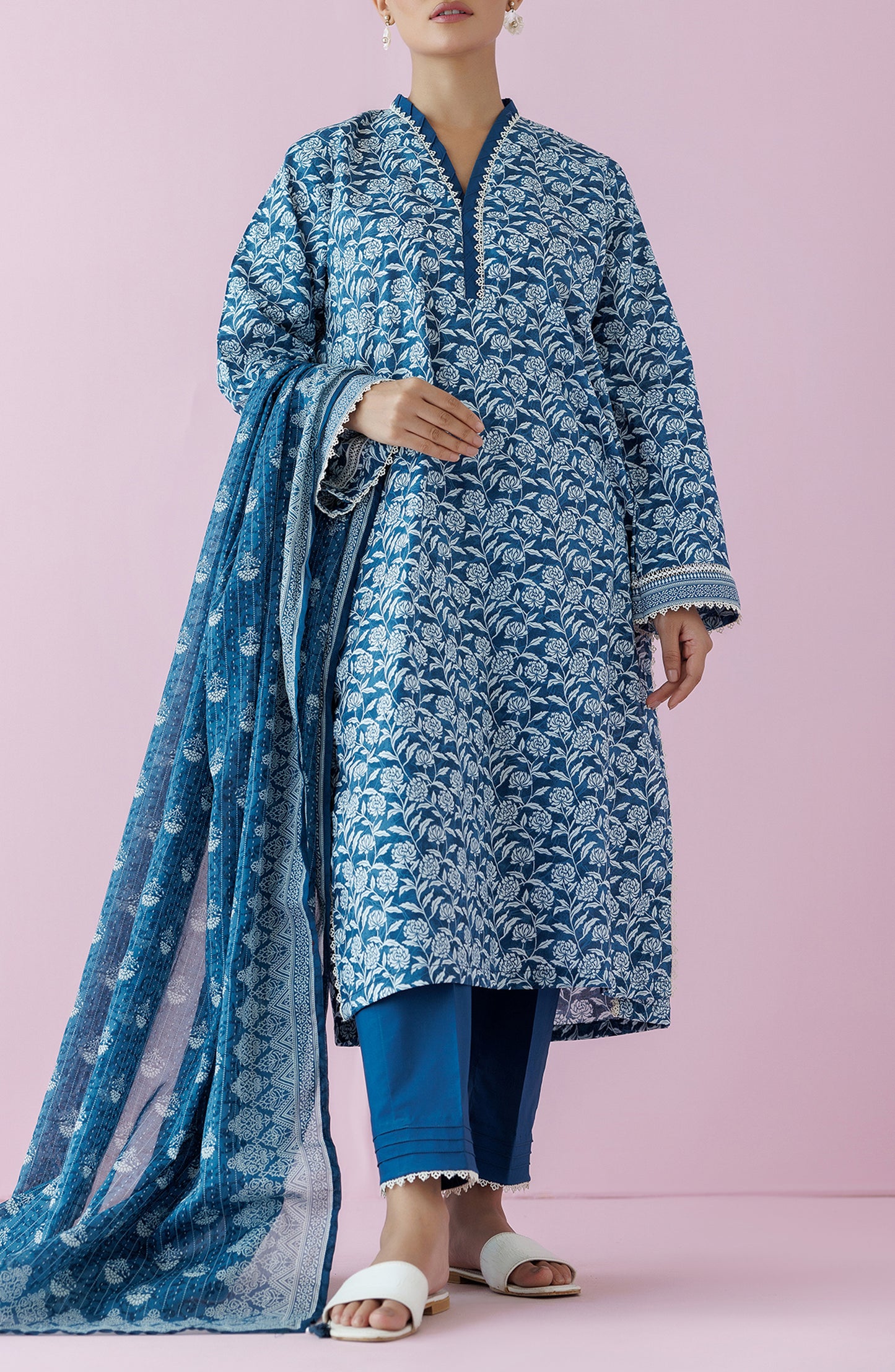 Stitched 3 Piece Premium Printed Casual Lawn Shirt , Cambric Pant and Lawn Dupatta (OTL-24-313/S TEAL)