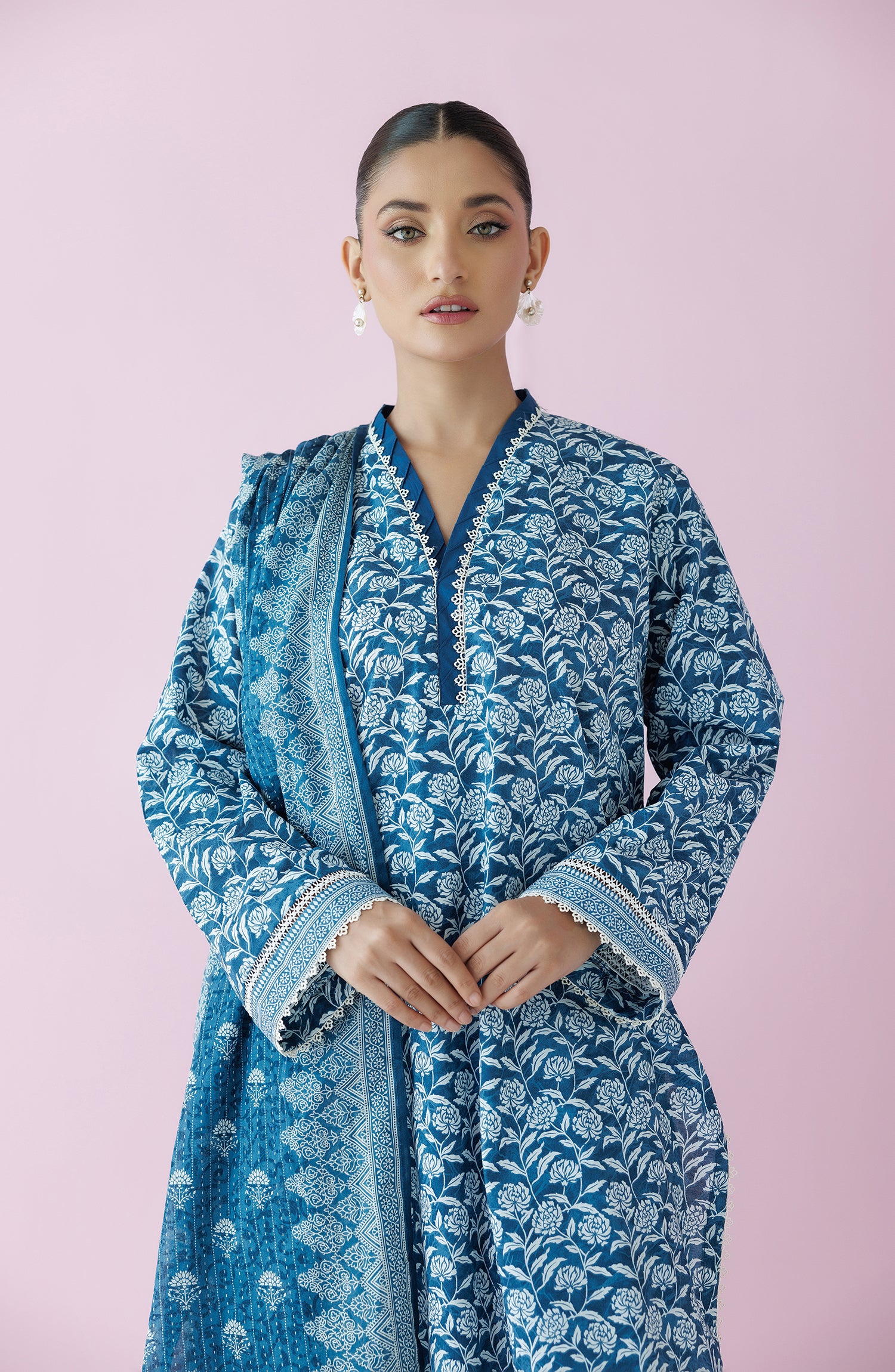 Unstitched 3 Piece Printed Lawn Shirt , Cambric Pant and Lawn Dupatta (OTL-24-313/U TEAL)