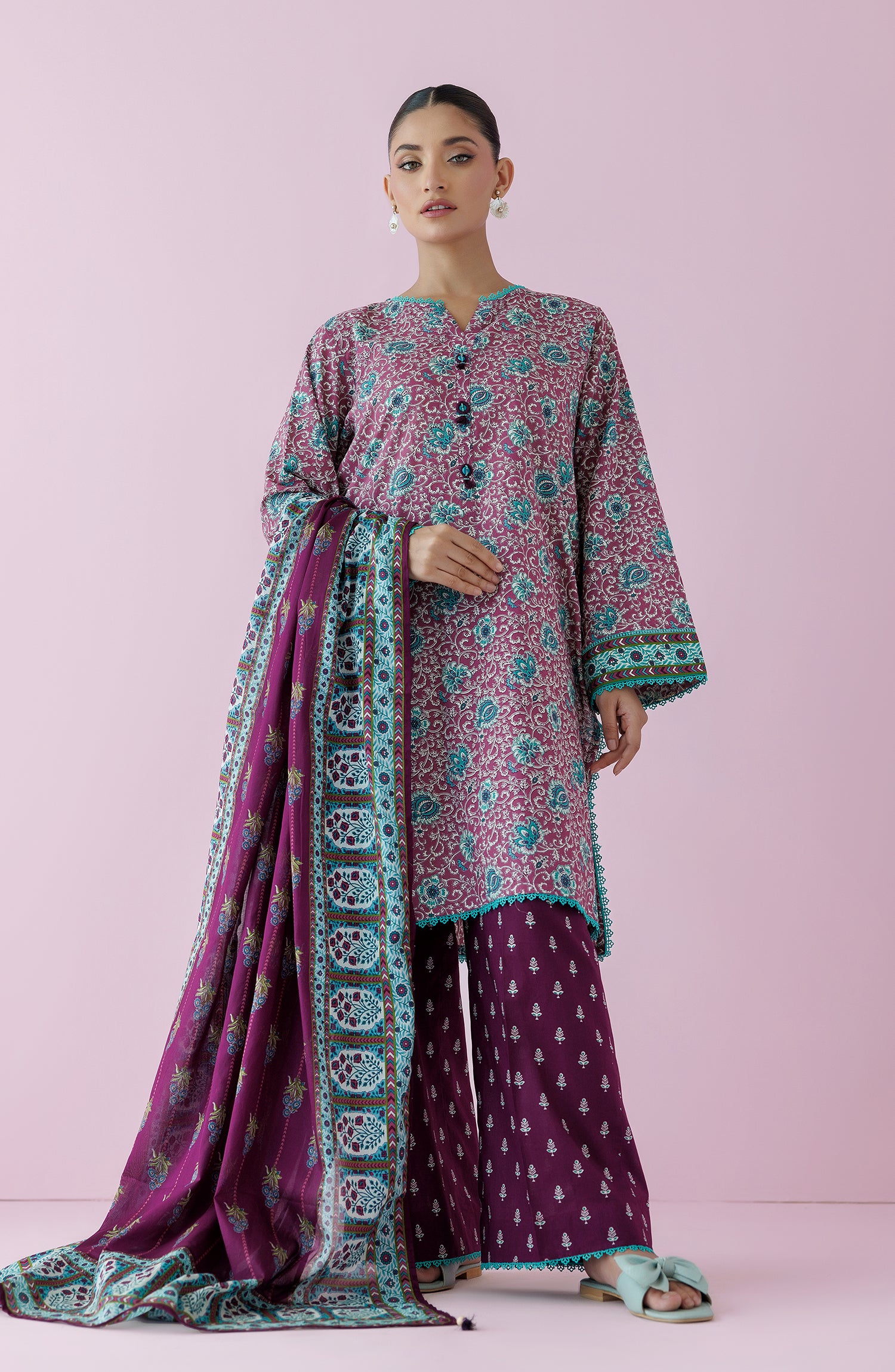 Unstitched 3 Piece Printed Lawn Shirt , Cambric Pant and Lawn Dupatta (OTL-24-363/U PINK)