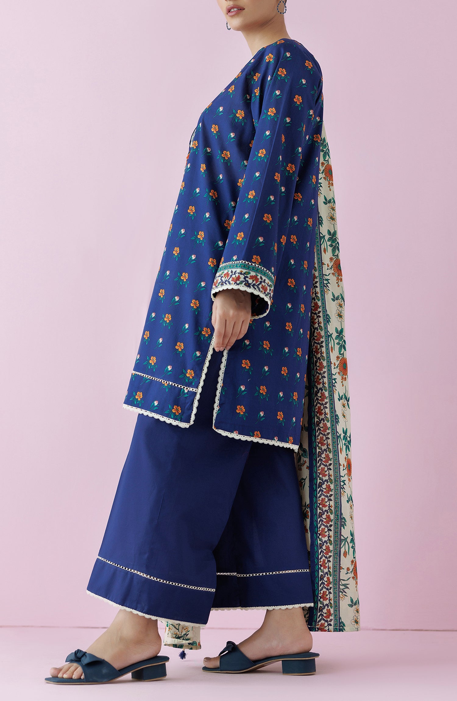 Stitched 3 Piece Premium Embroidered Casual Lawn Shirt , Cambric Pant and Lawn Dupatta (OTL-24-063/S BLUE)