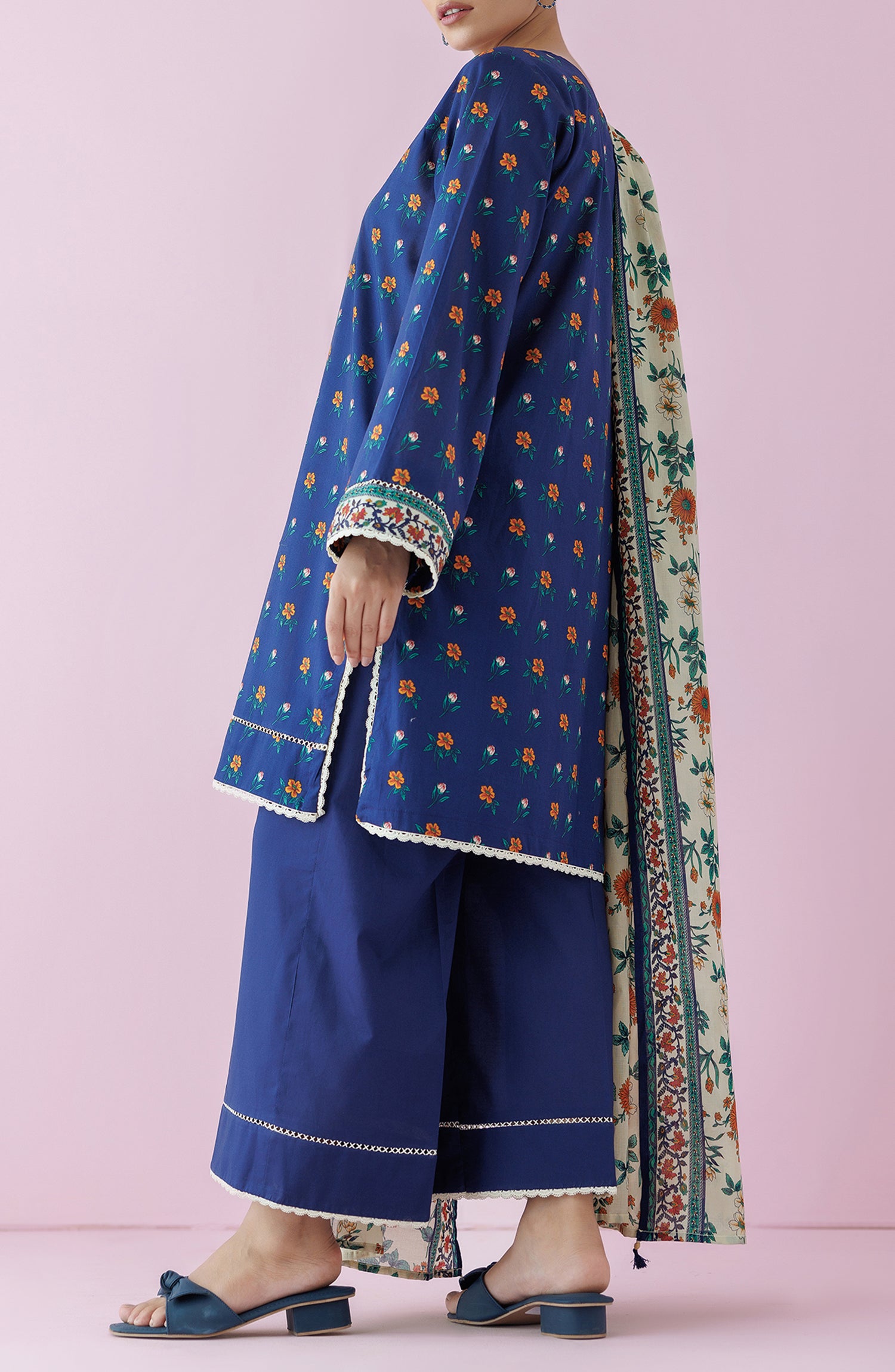 Stitched 3 Piece Premium Embroidered Casual Lawn Shirt , Cambric Pant and Lawn Dupatta (OTL-24-063/S BLUE)