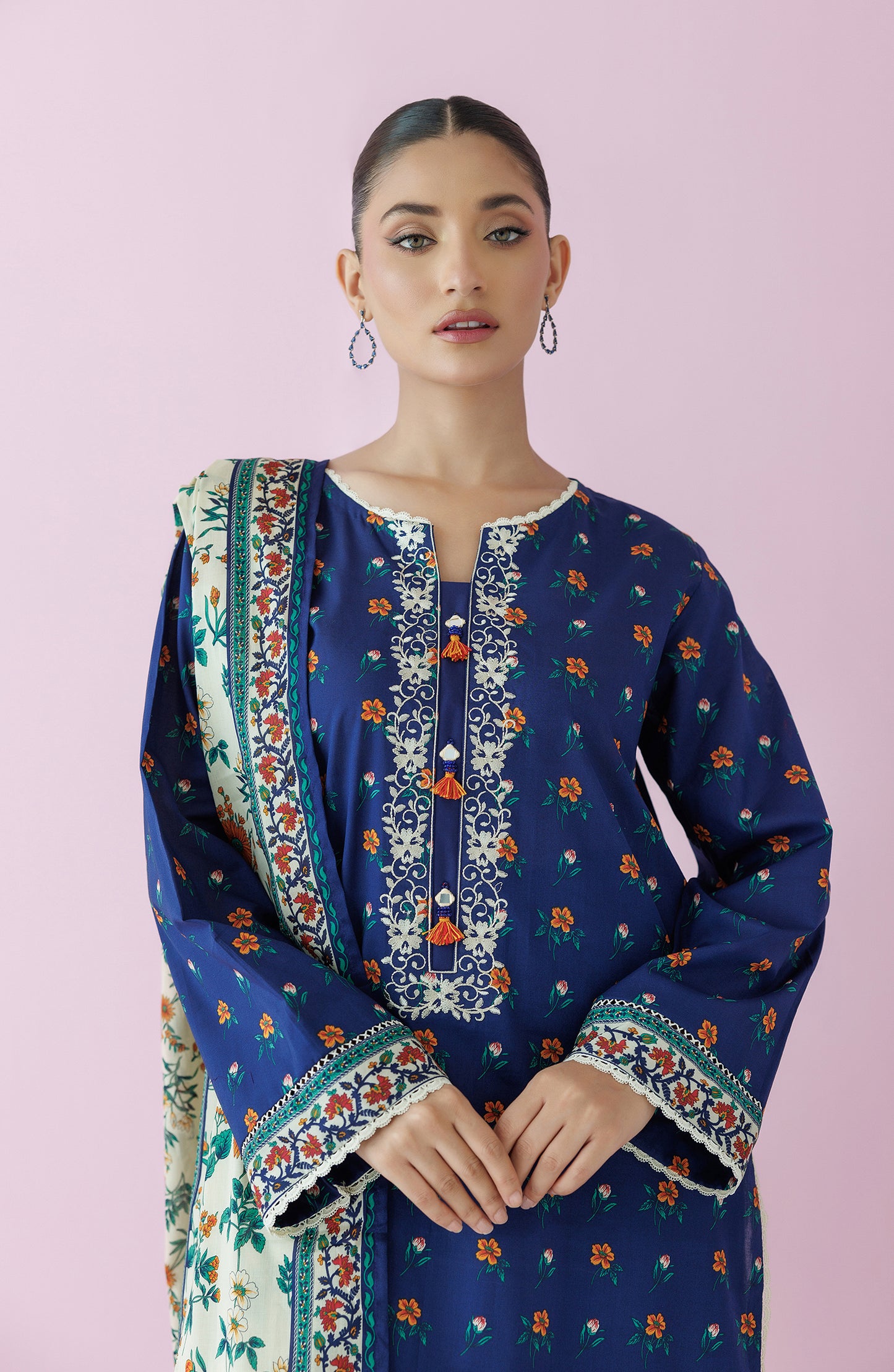 Unstitched 3 Piece Embroidered Lawn Shirt , Cambric Pant and Lawn Dupatta (OTL-24-063/U BLUE)