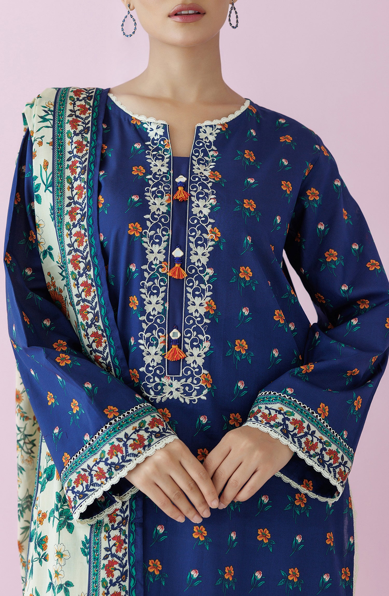 Stitched 3 Piece Premium Embroidered Casual Lawn Shirt , Cambric Pant and Lawn Dupatta (OTL-24-063/S BLUE)