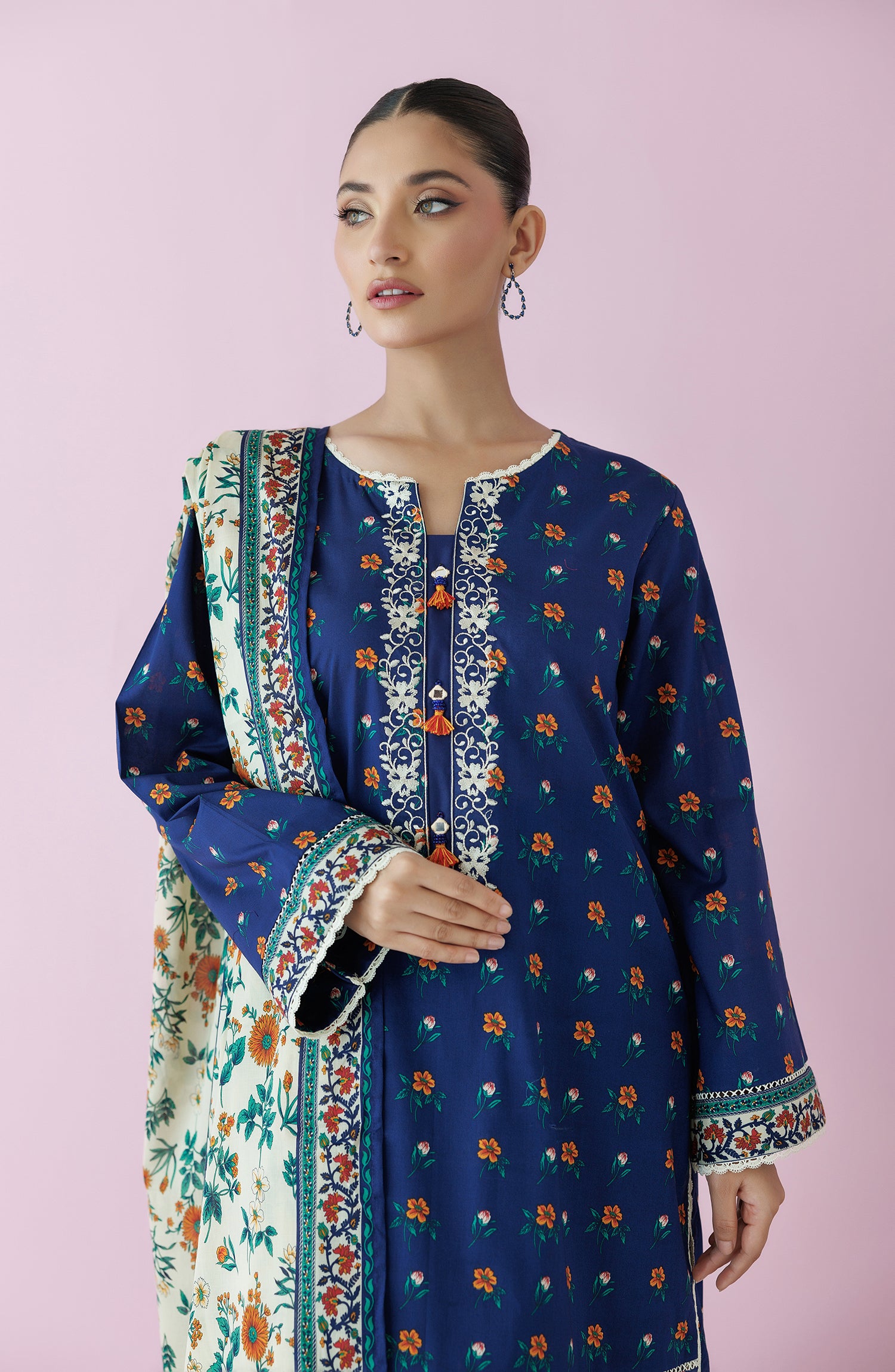 Unstitched 3 Piece Embroidered Lawn Shirt , Cambric Pant and Lawn Dupatta (OTL-24-063/U BLUE)