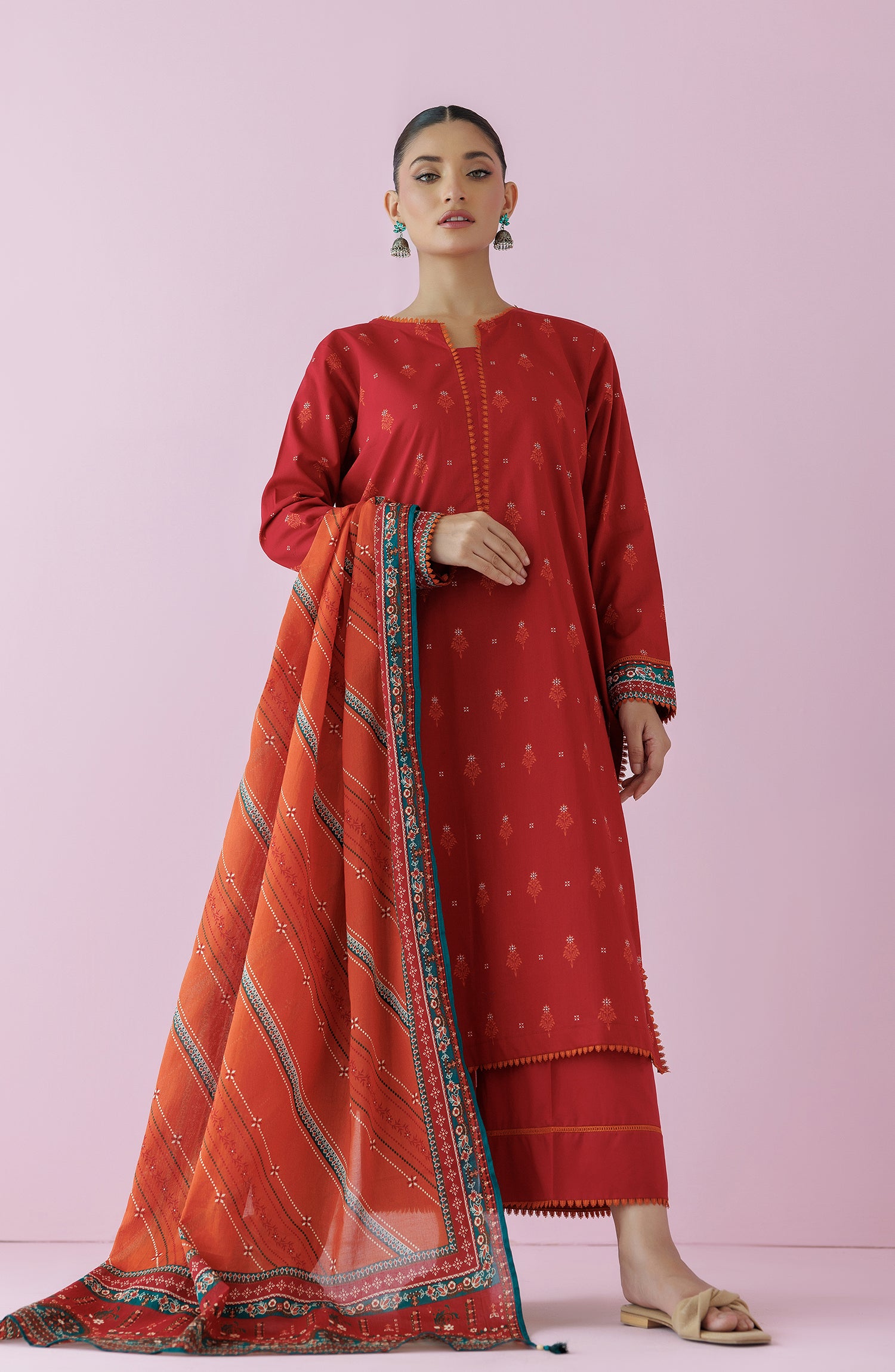 Unstitched 3 Piece Printed Lawn Shirt , Cambric Pant and Lawn Dupatta (OTL-24-147/U MAROON)