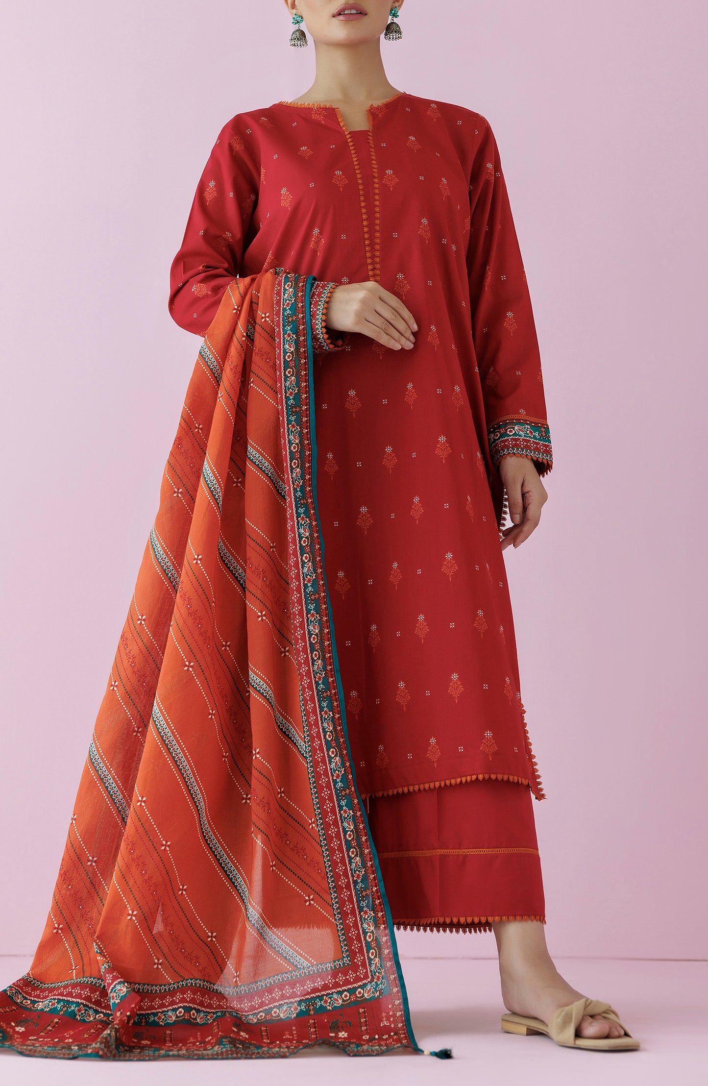 Stitched 3 Piece Premium Printed Casual Lawn Shirt , Cambric Pant and Lawn Dupatta (OTL-24-147/S MAROON)