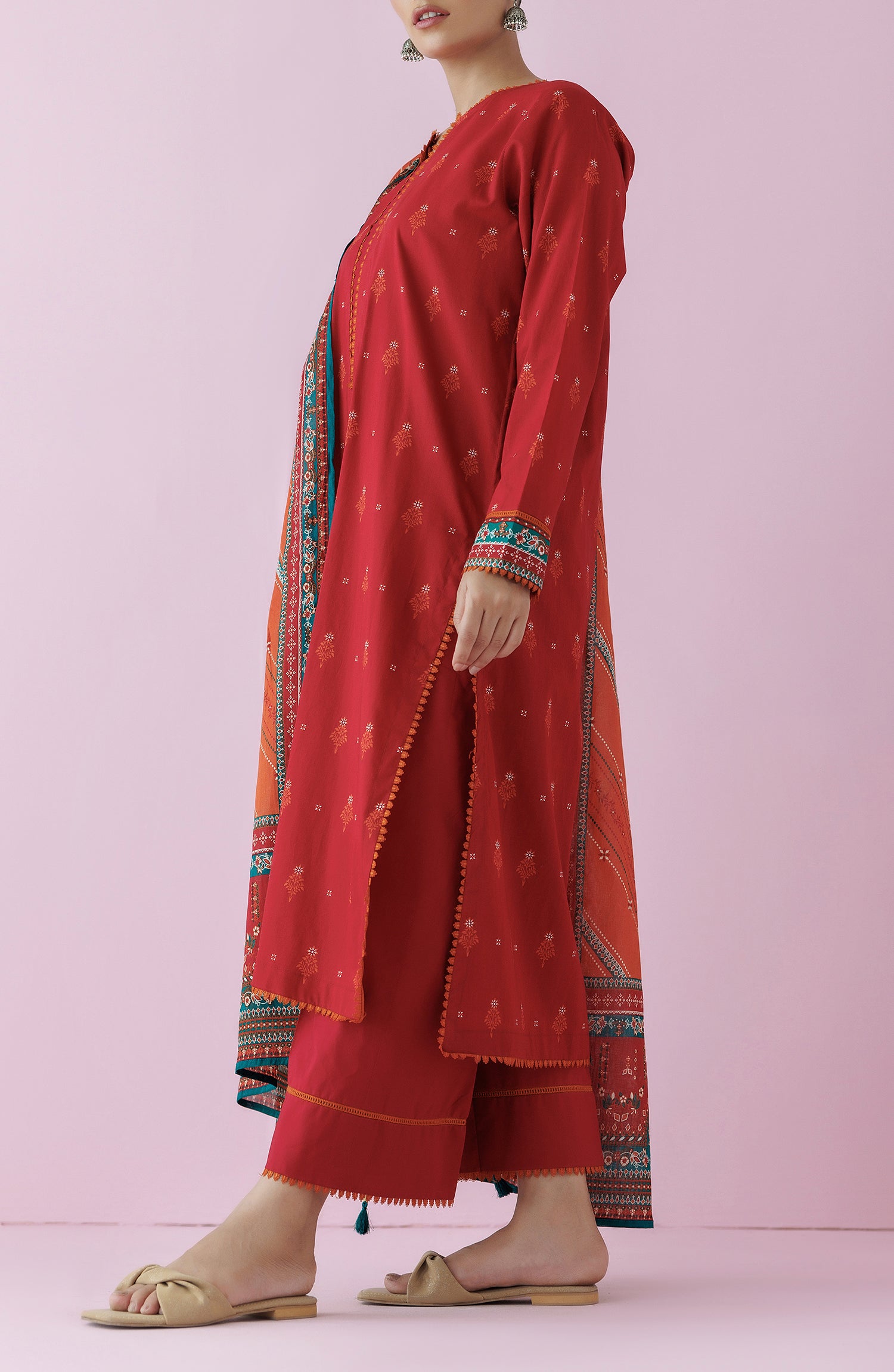 Stitched 3 Piece Premium Printed Casual Lawn Shirt , Cambric Pant and Lawn Dupatta (OTL-24-147/S MAROON)