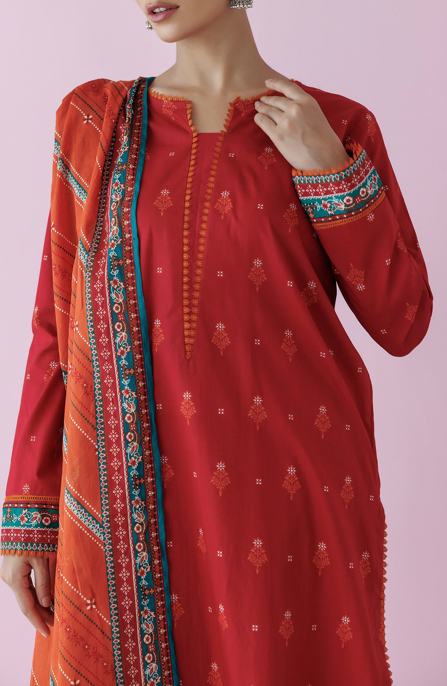 Stitched 3 Piece Premium Printed Casual Lawn Shirt , Cambric Pant and Lawn Dupatta (OTL-24-147/S MAROON)