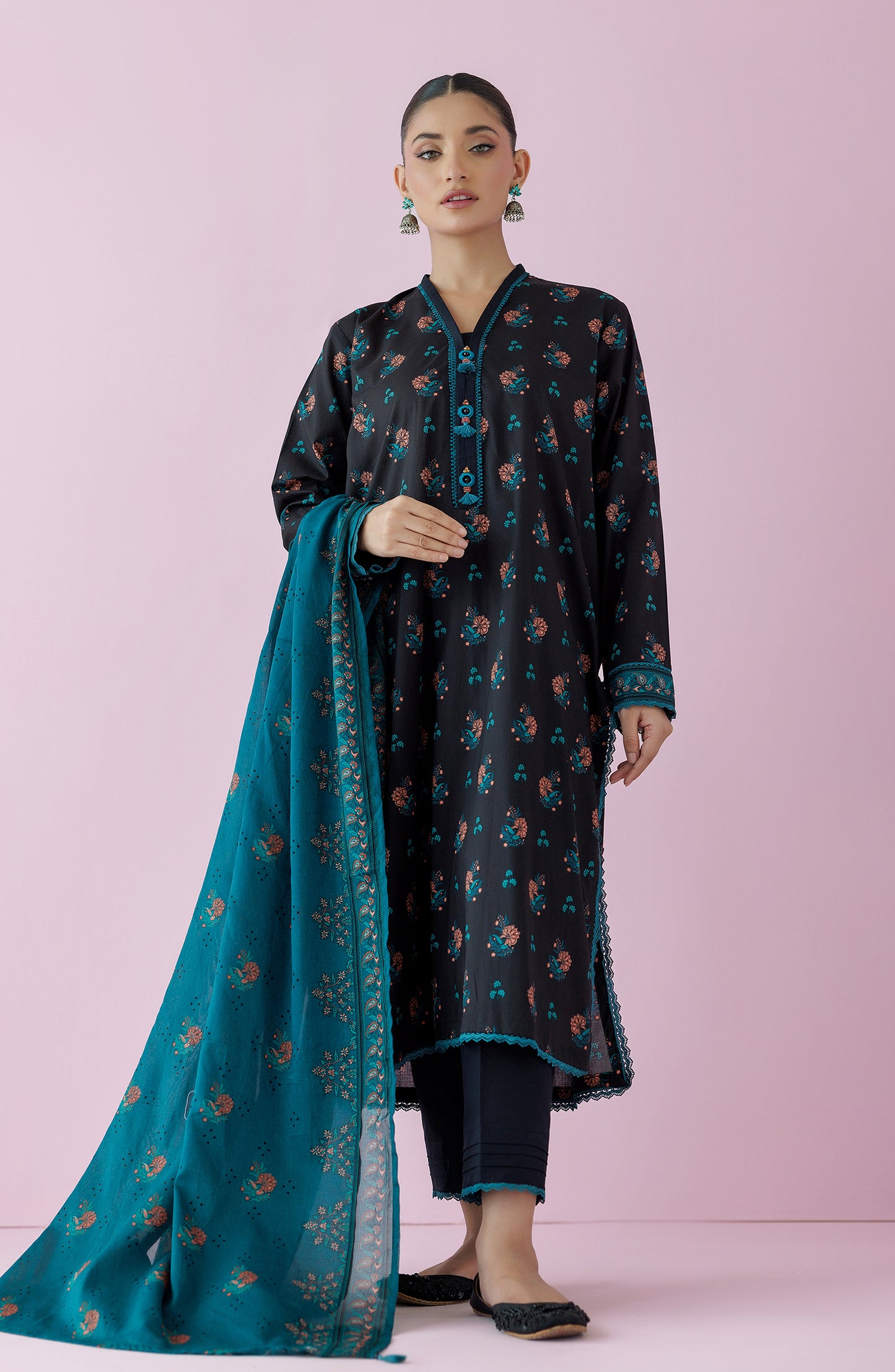 Unstitched 3 Piece Printed Lawn Shirt , Cambric Pant and Lawn Dupatta (OTL-24-157/U BLACK)