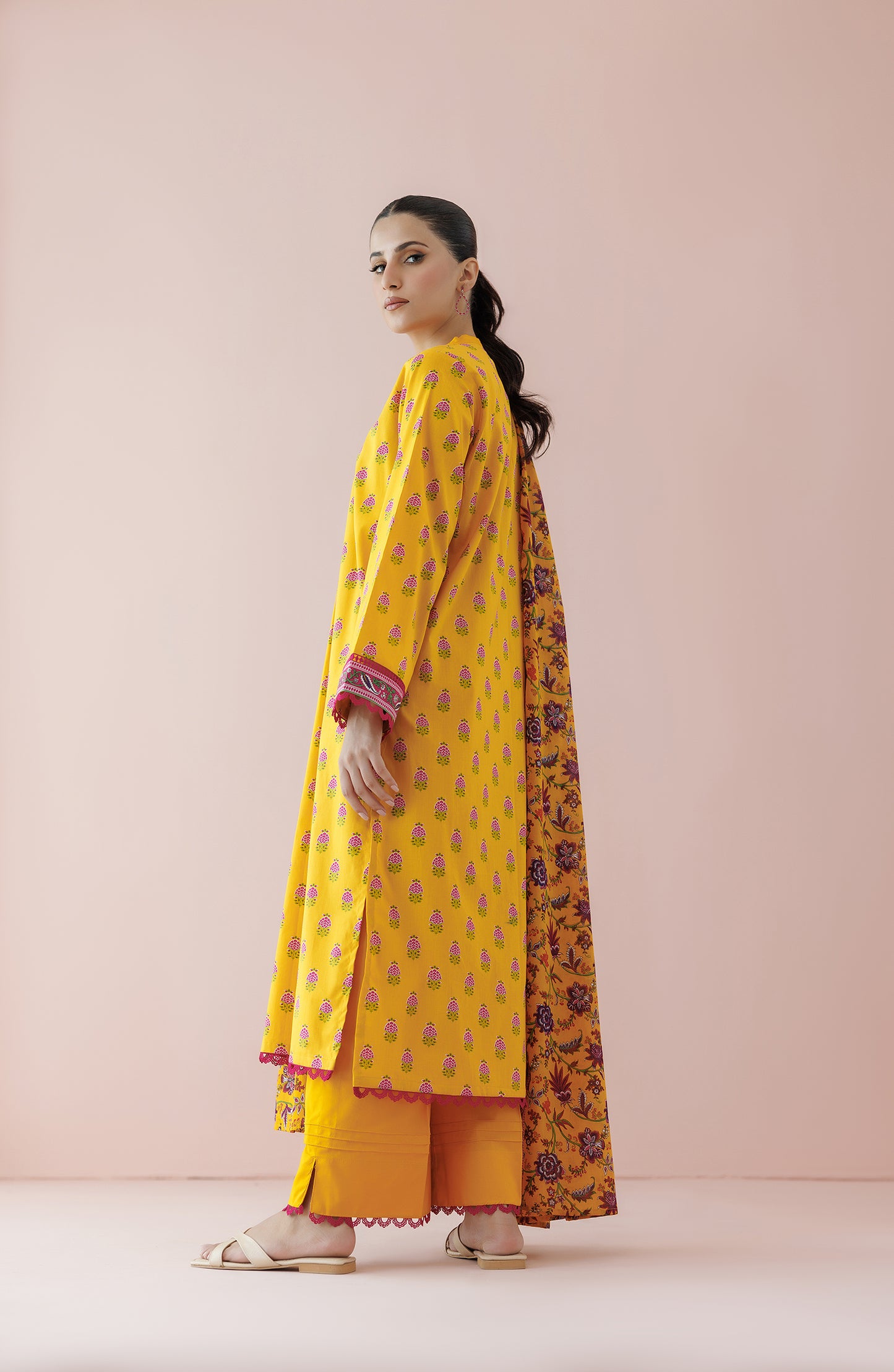 Unstitched 3 Piece Printed Lawn Shirt , Cambric Pant and Lawn Dupatta (OTL-24-172/U YELLOW)
