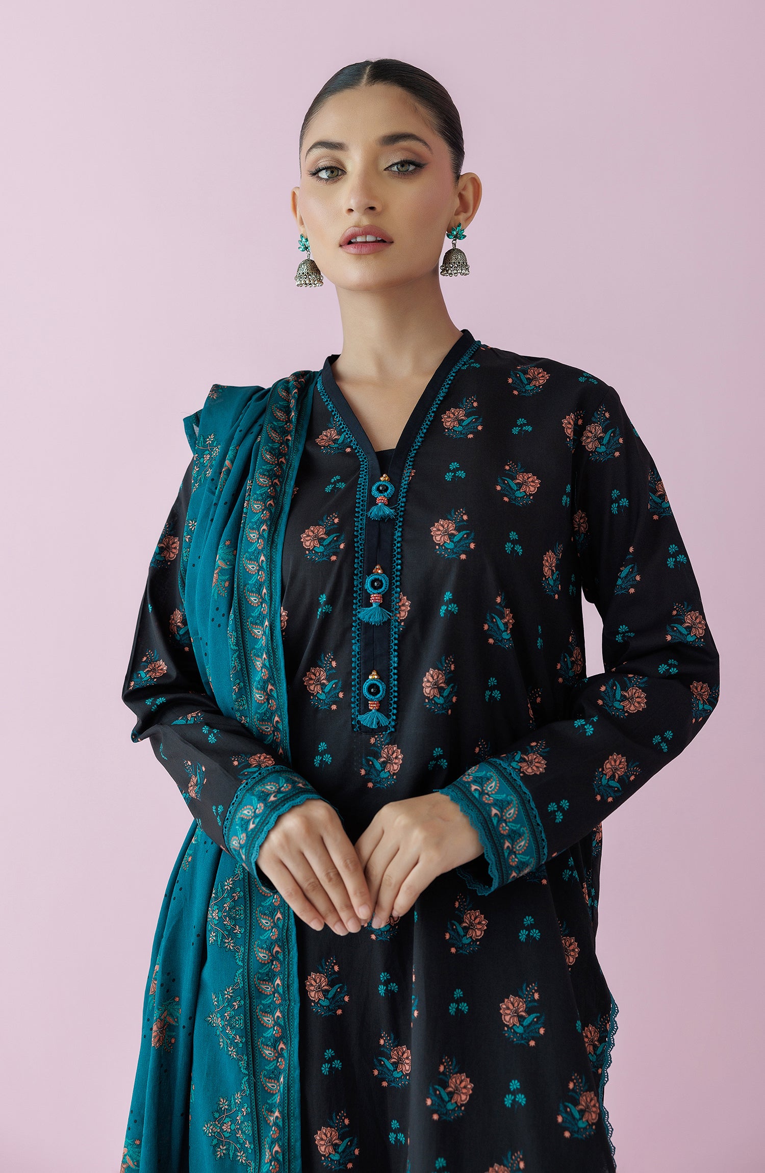 Unstitched 3 Piece Printed Lawn Shirt , Cambric Pant and Lawn Dupatta (OTL-24-157/U BLACK)