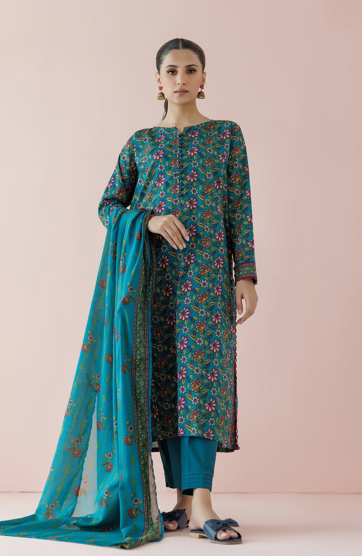 Unstitched 3 Piece Printed Lawn Shirt , Cambric Pant and Lawn Dupatta (OTL-24-209/U TEAL)