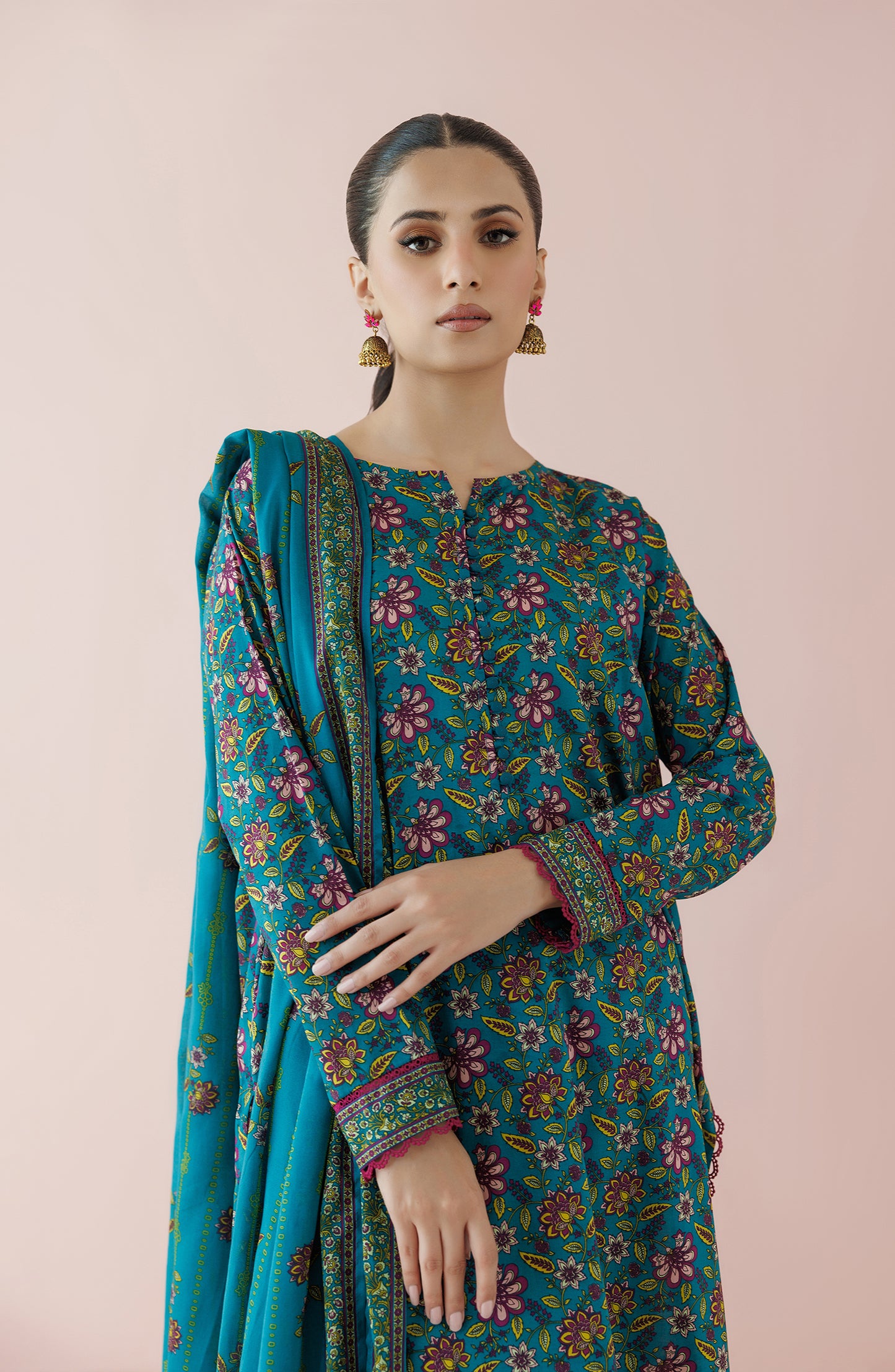Unstitched 3 Piece Printed Lawn Shirt , Cambric Pant and Lawn Dupatta (OTL-24-209/U TEAL)
