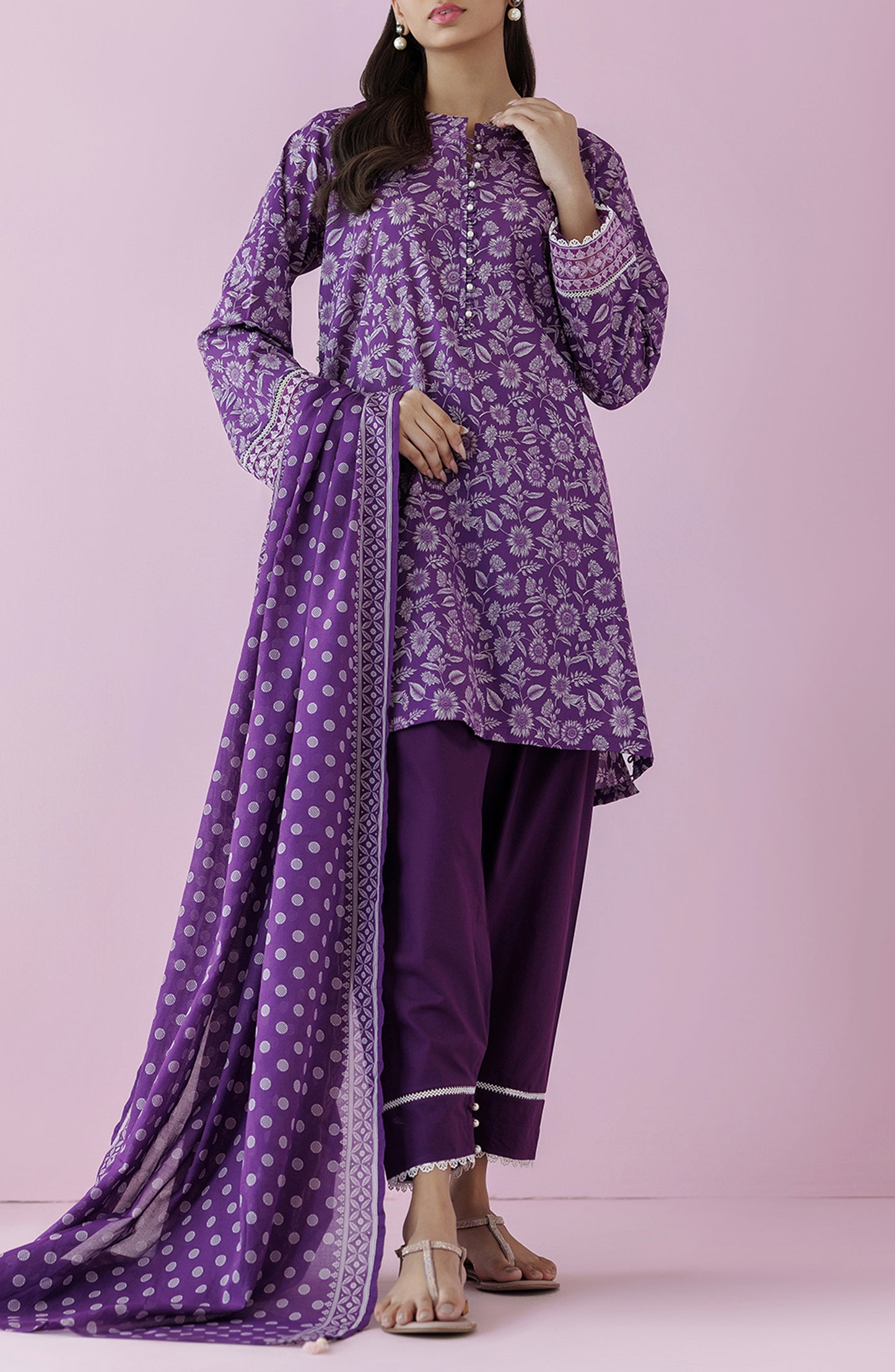 Stitched 3 Piece Premium Embroidered Casual Lawn Shirt , Cambric Pant and Lawn Dupatta (OTL-24-231/S PURPLE)