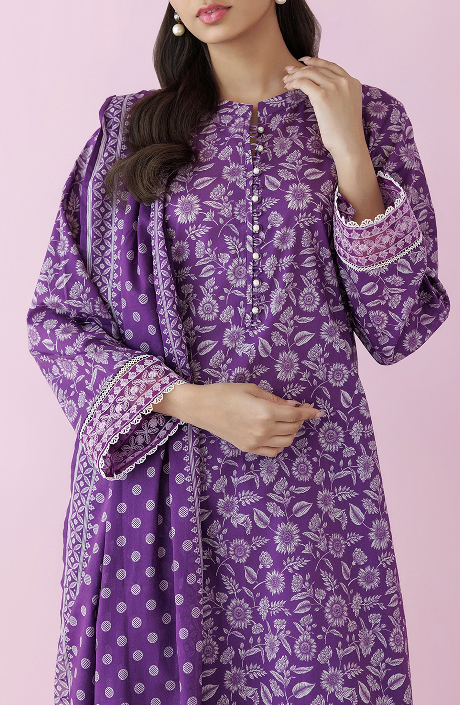 Stitched 3 Piece Premium Embroidered Casual Lawn Shirt , Cambric Pant and Lawn Dupatta (OTL-24-231/S PURPLE)