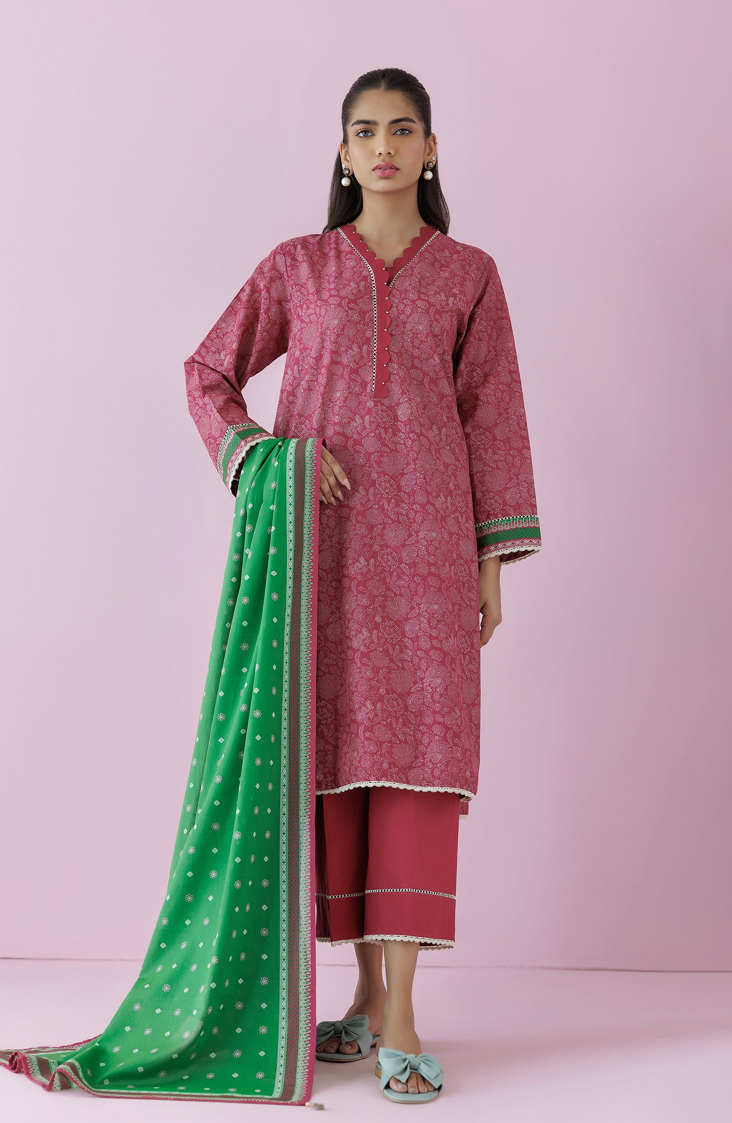 Unstitched 3 Piece Printed Lawn Shirt , Cambric Pant and Lawn Dupatta (OTL-24-351/U PINK)