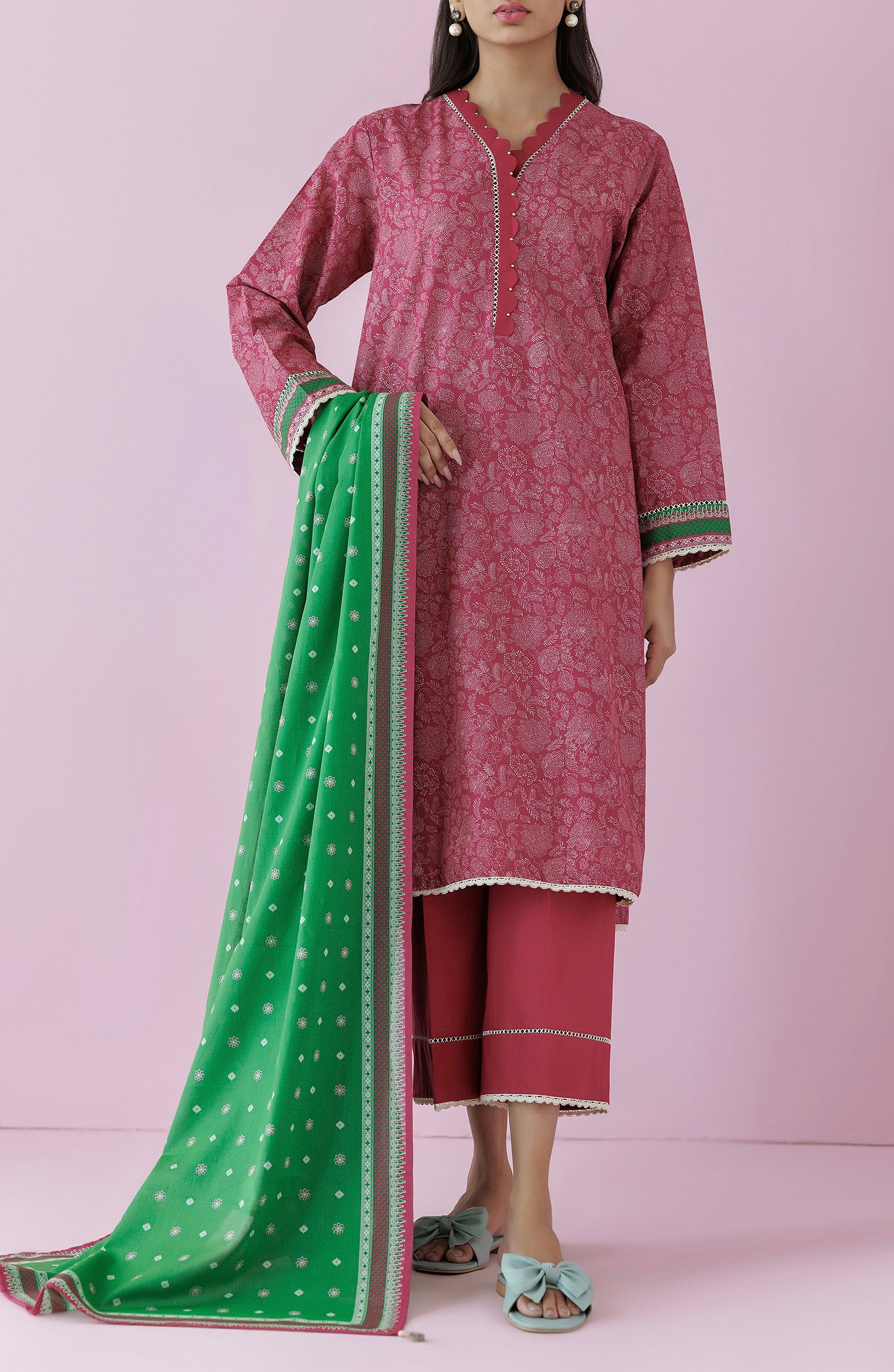 Unstitched 3 Piece Printed Lawn Shirt , Cambric Pant and Lawn Dupatta (OTL-24-351/U PINK)