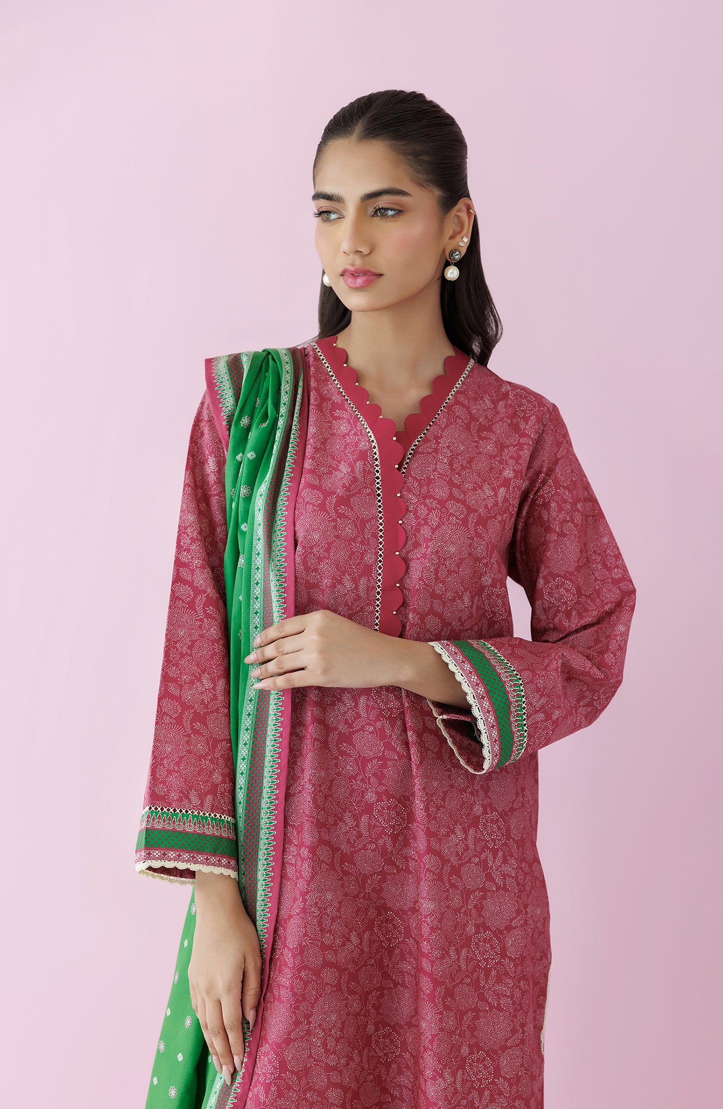 Unstitched 3 Piece Printed Lawn Shirt , Cambric Pant and Lawn Dupatta (OTL-24-351/U PINK)