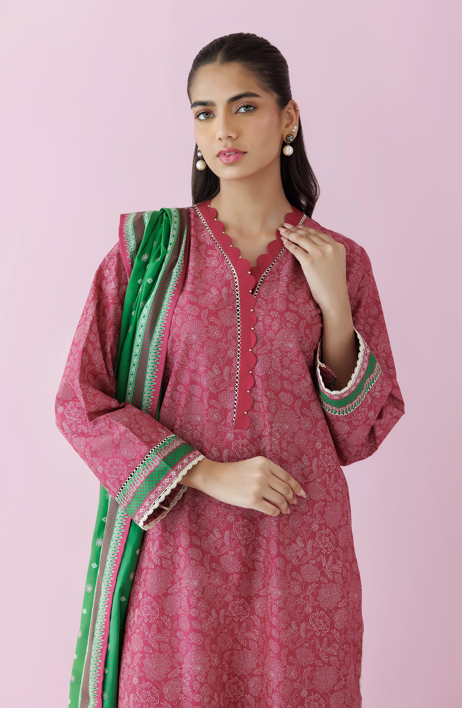 Unstitched 3 Piece Printed Lawn Shirt , Cambric Pant and Lawn Dupatta (OTL-24-351/U PINK)