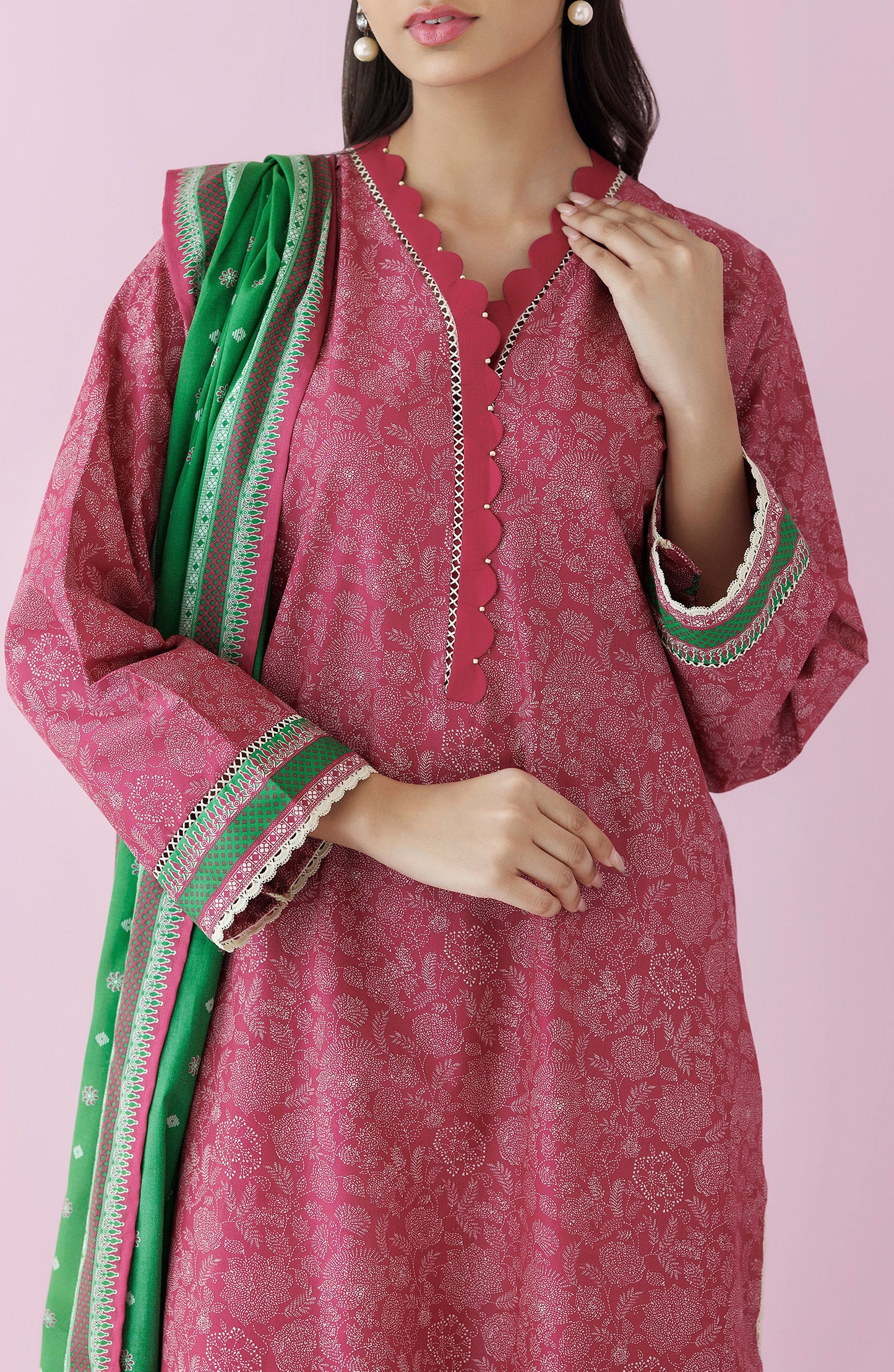 Unstitched 3 Piece Printed Lawn Shirt , Cambric Pant and Lawn Dupatta (OTL-24-351/U PINK)