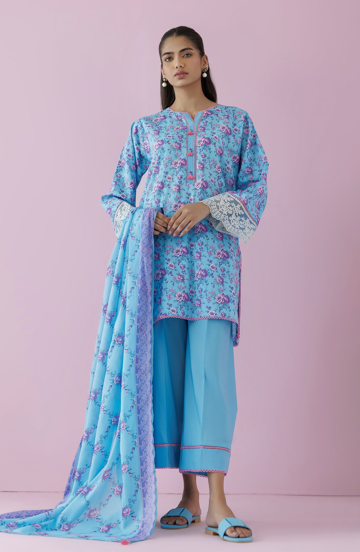 Unstitched 3 Piece Embroidered Lawn Shirt , Cambric Pant and Lawn Dupatta (OTL-24-228/U ICE BLUE)