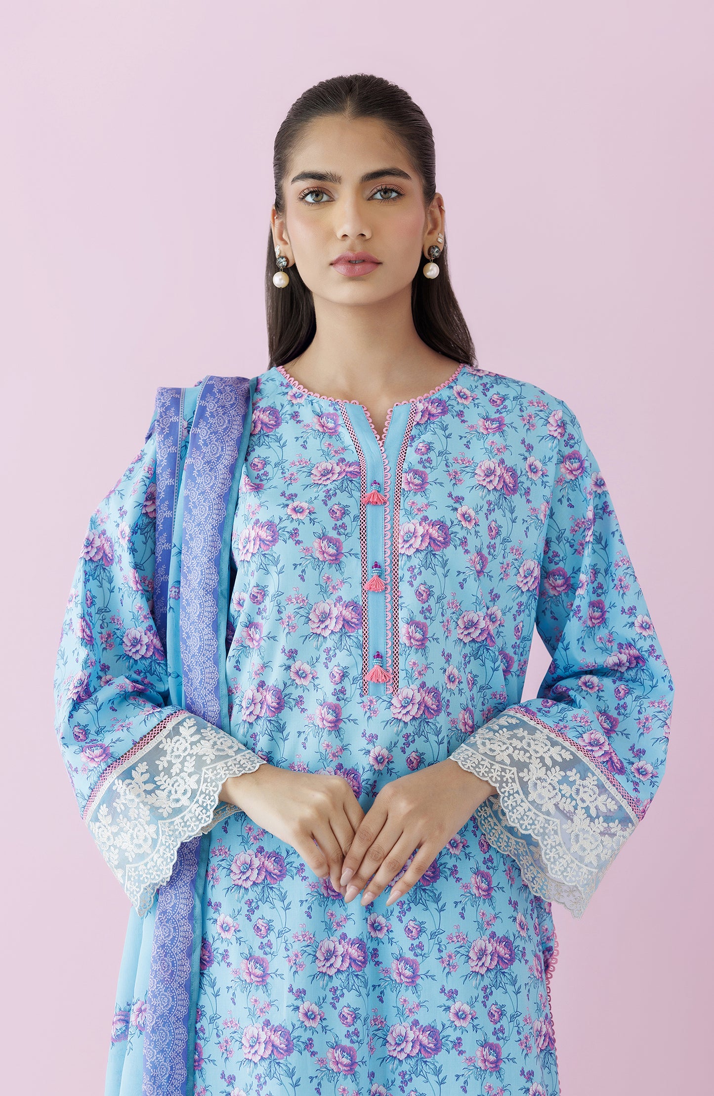 Unstitched 3 Piece Embroidered Lawn Shirt , Cambric Pant and Lawn Dupatta (OTL-24-228/U ICE BLUE)