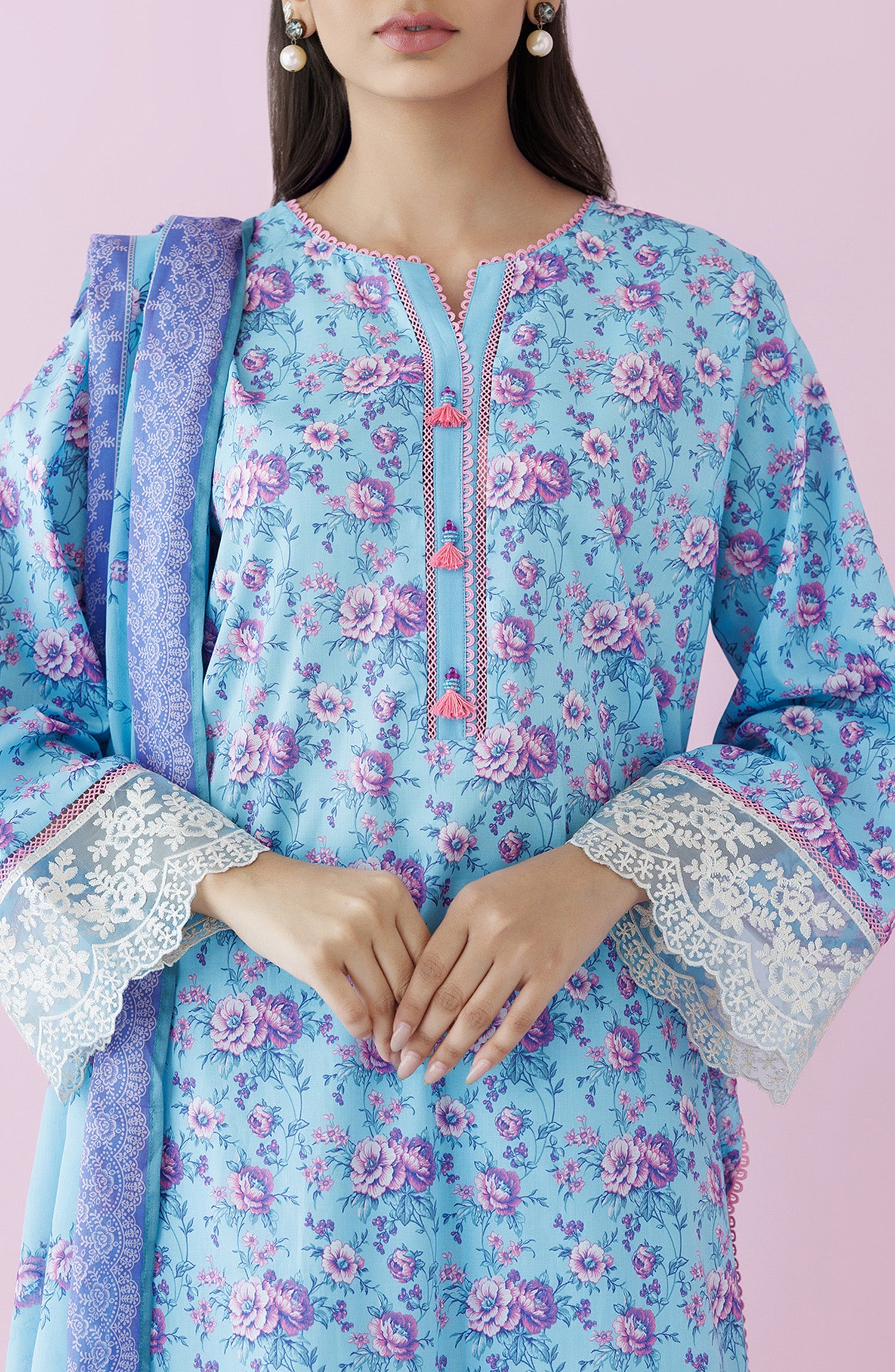 Stitched 3 Piece Premium Embroidered Casual Lawn Shirt , Cambric Pant and Lawn Dupatta (OTL-24-228/S ICE BLUE)