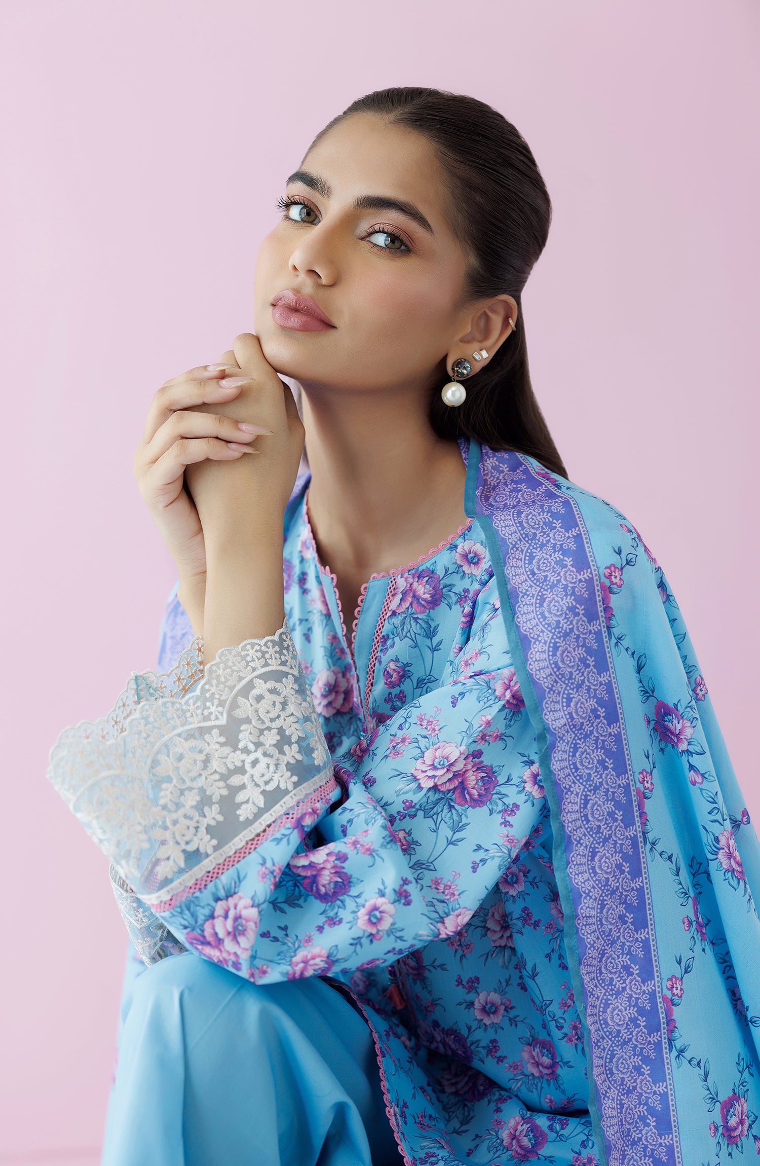 Unstitched 3 Piece Embroidered Lawn Shirt , Cambric Pant and Lawn Dupatta (OTL-24-228/U ICE BLUE)