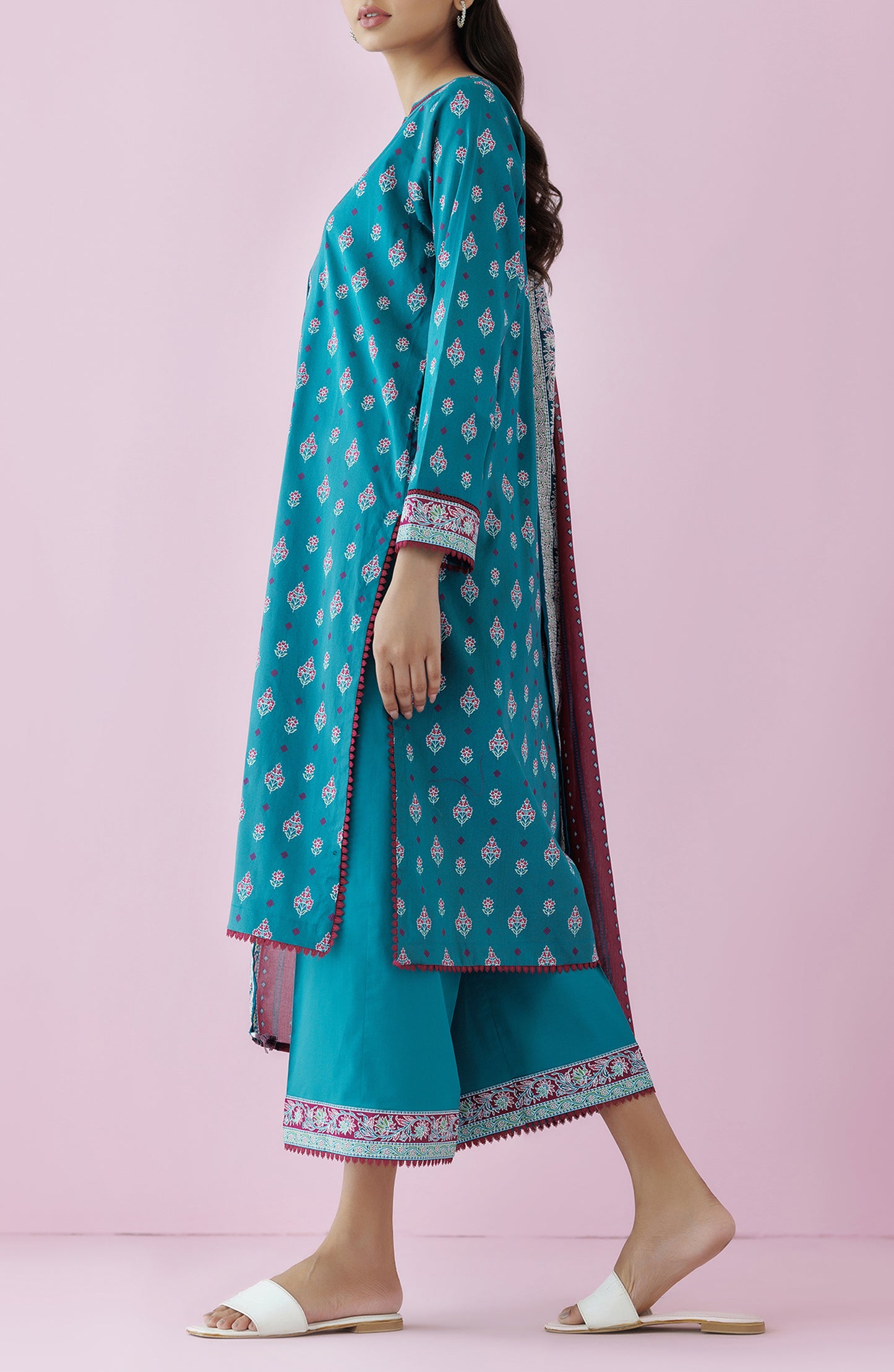 Stitched 3 Piece Premium Printed Casual Lawn Shirt , Cambric Pant and Lawn Dupatta (OTL-24-352/S TEAL)